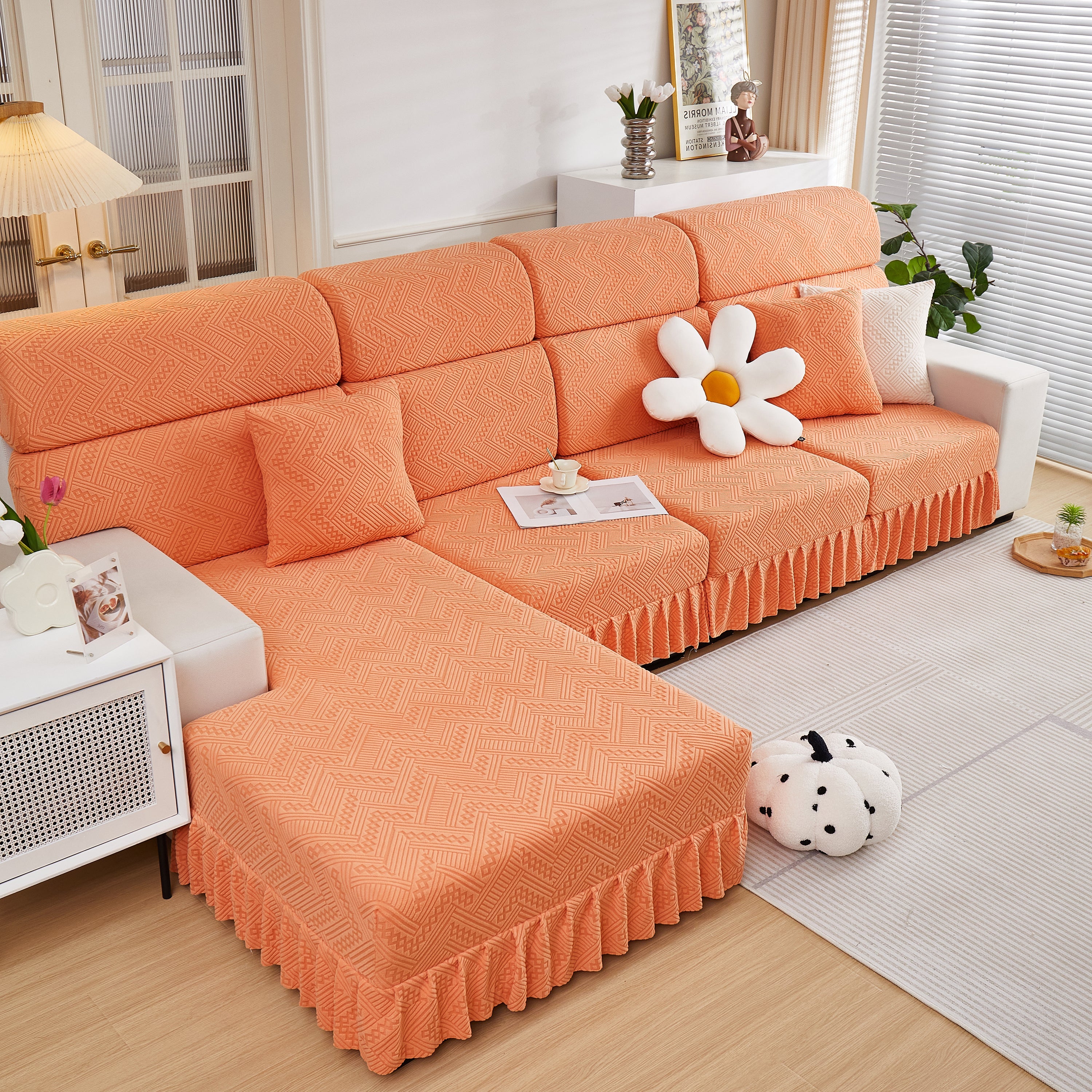 Stretchable Chaise Lounge Sofa Covers and Couch Seat Covers with Skirt for Sectional Couches