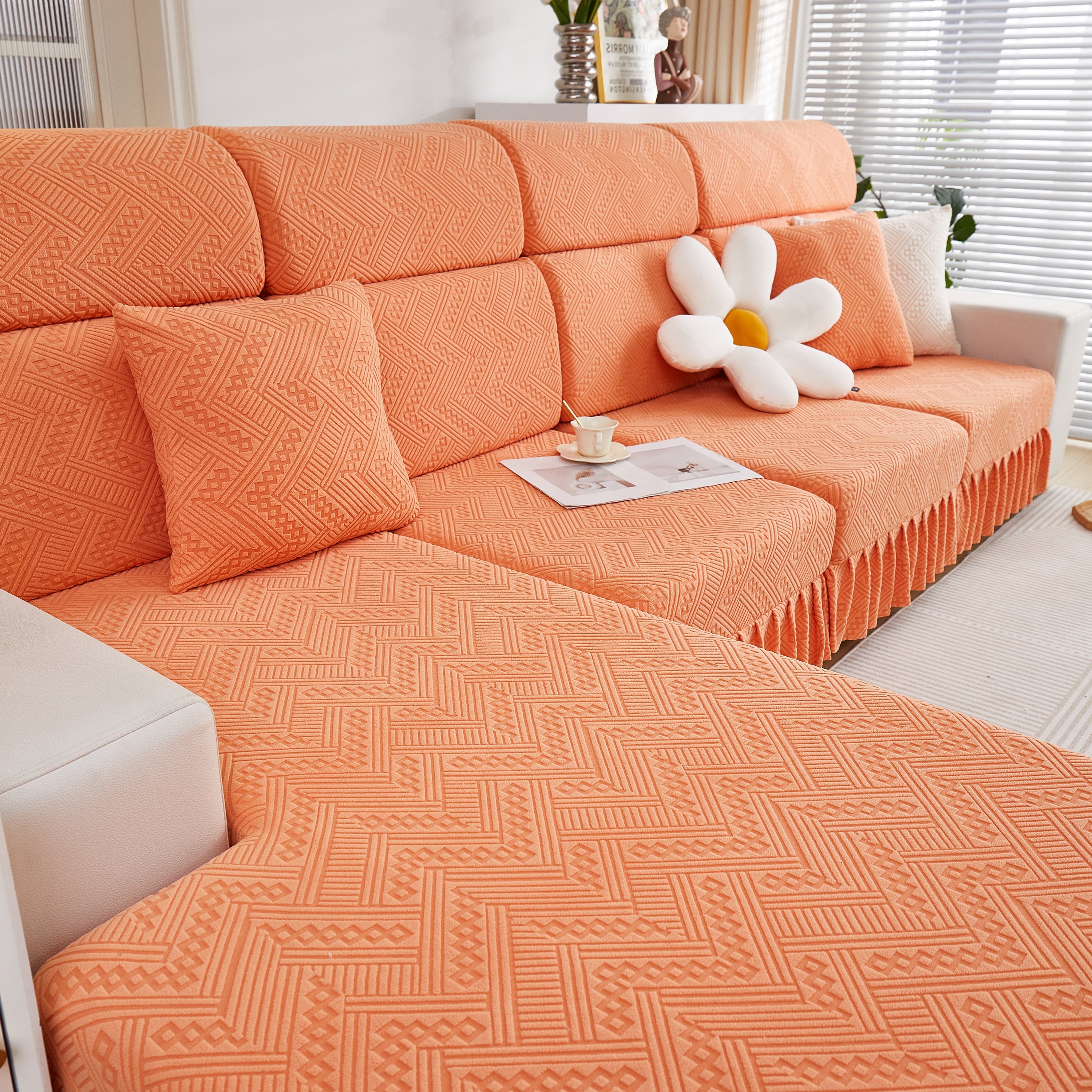 Stretchable Chaise Lounge Sofa Covers and Couch Seat Covers with Skirt for Sectional Couches