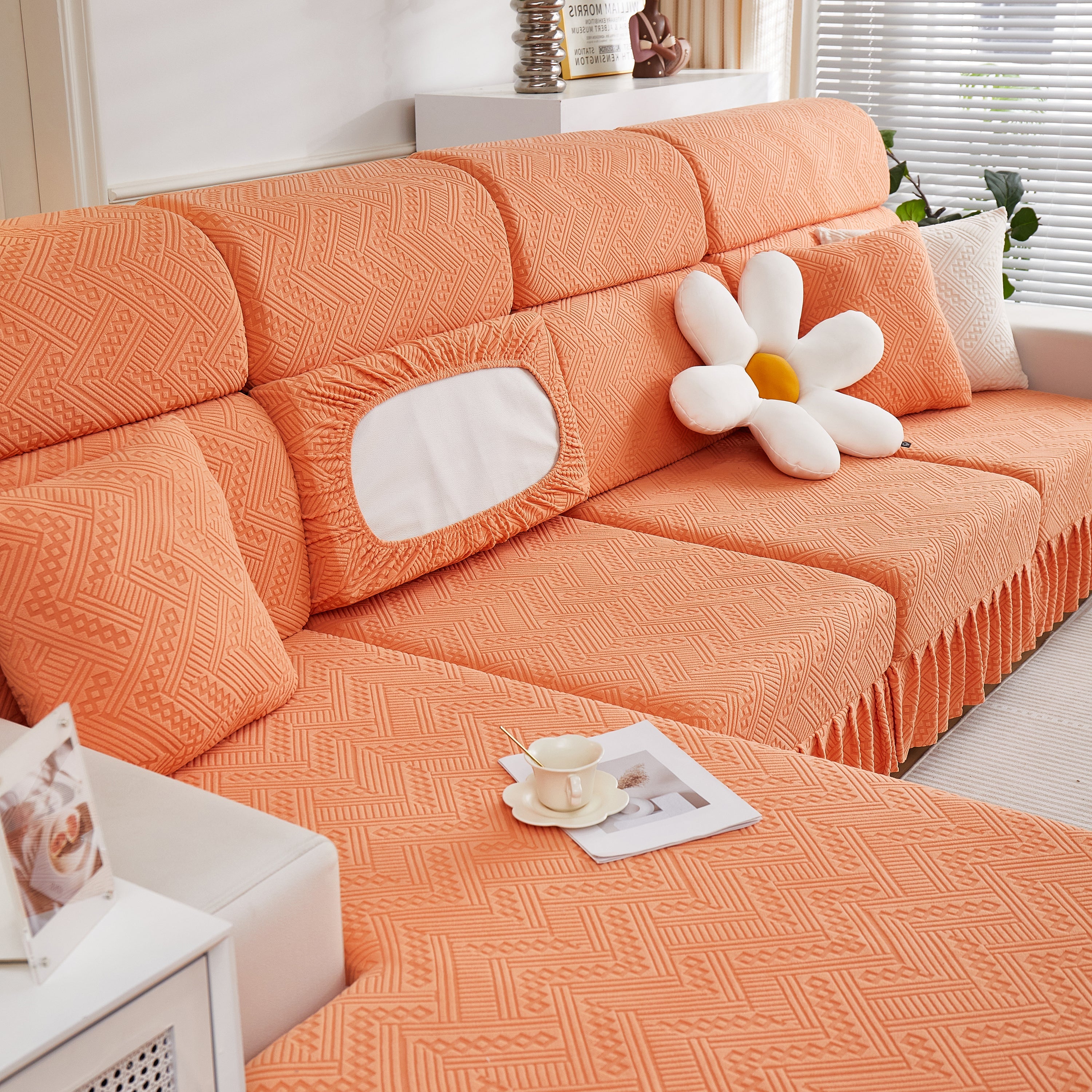 Stretchable Chaise Lounge Sofa Covers and Couch Seat Covers with Skirt for Sectional Couches