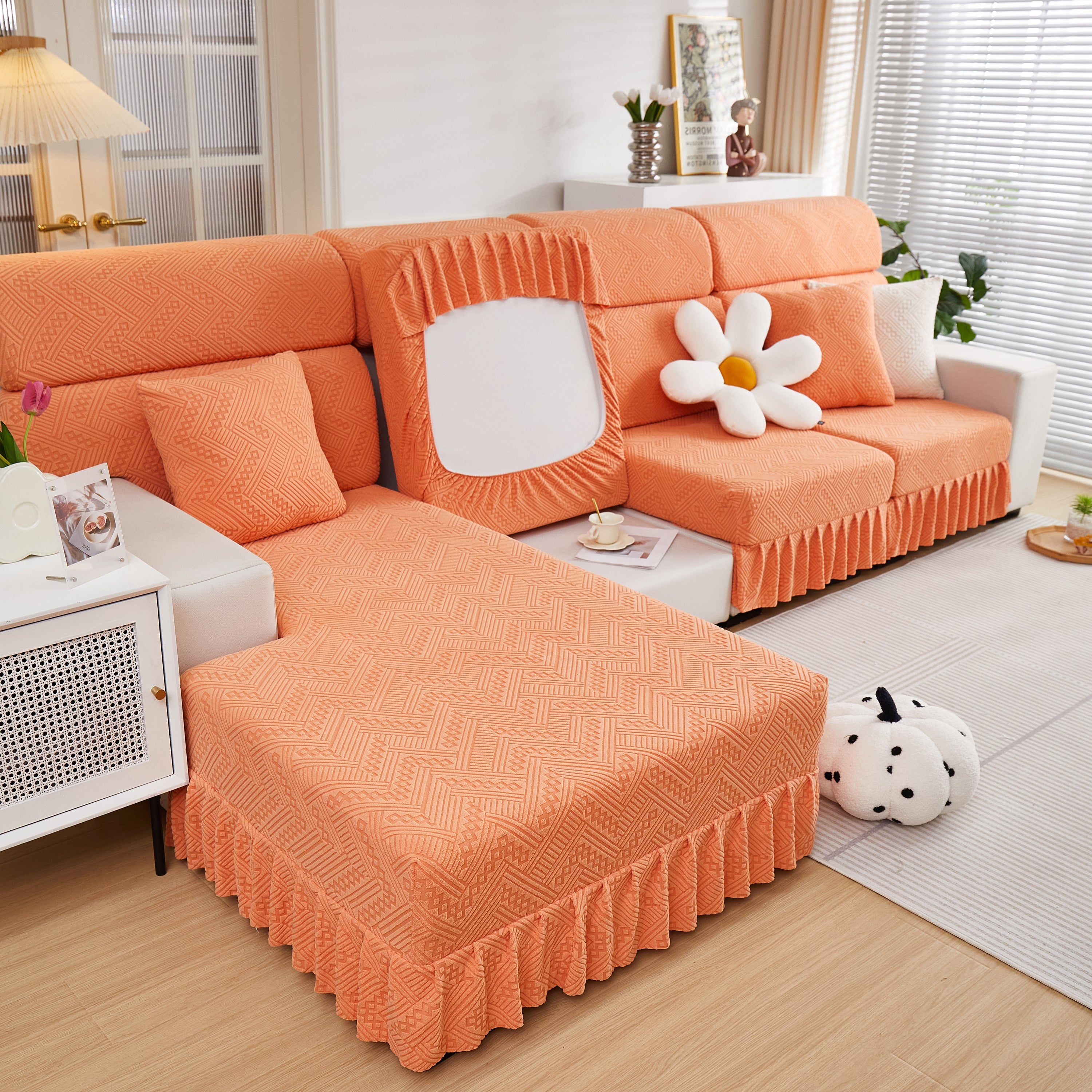 Stretchable Chaise Lounge Sofa Covers and Couch Seat Covers with Skirt for Sectional Couches