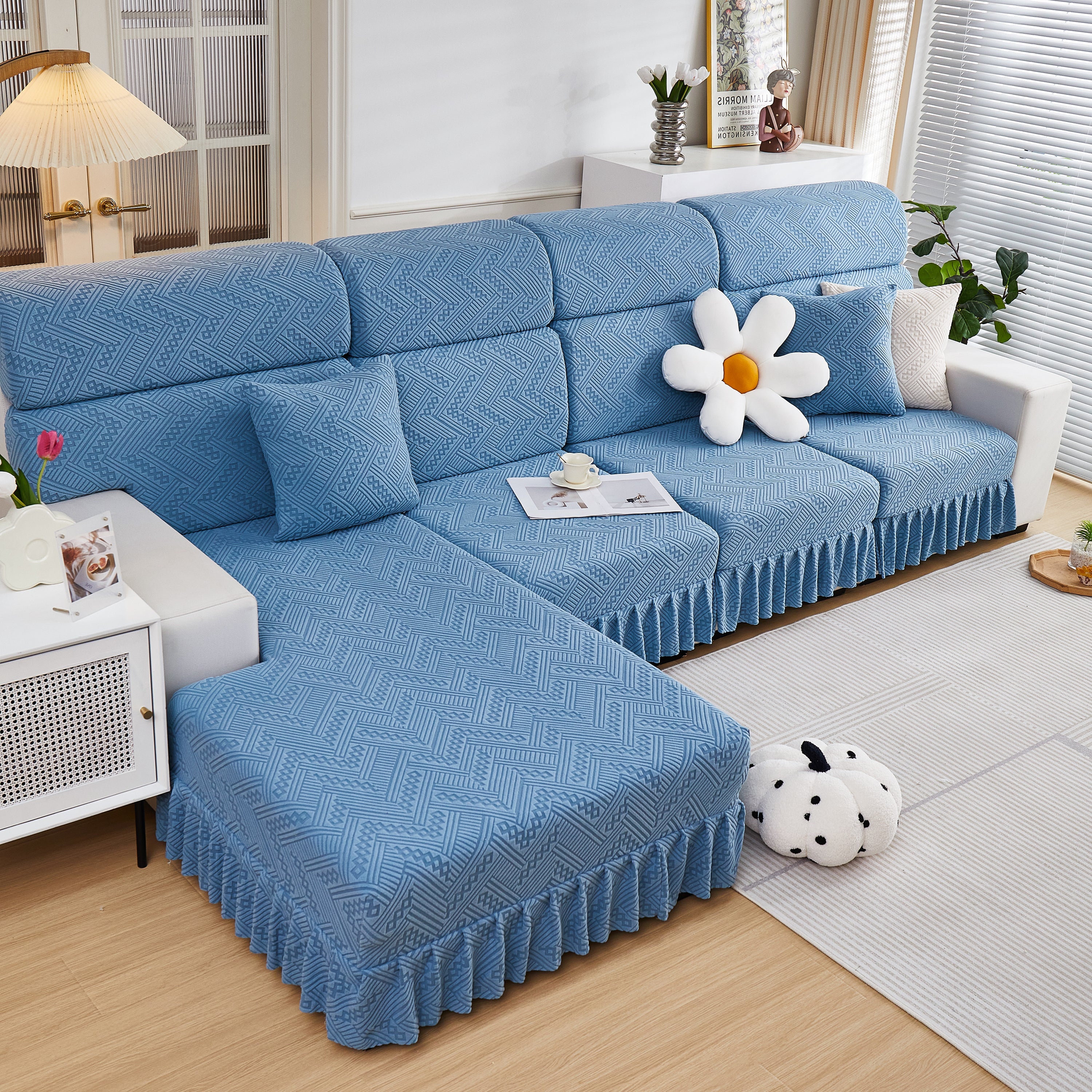 Stretchable Chaise Lounge Sofa Covers and Couch Seat Covers with Skirt for Sectional Couches