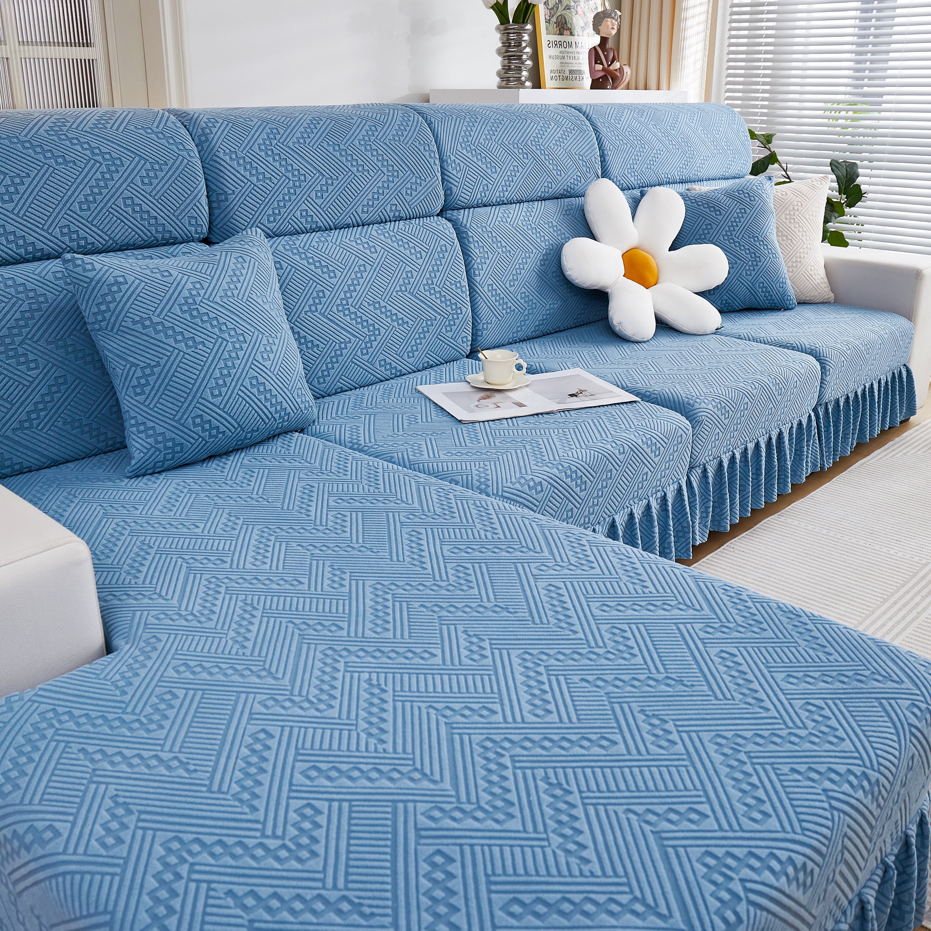 Stretchable Chaise Lounge Sofa Covers and Couch Seat Covers with Skirt for Sectional Couches