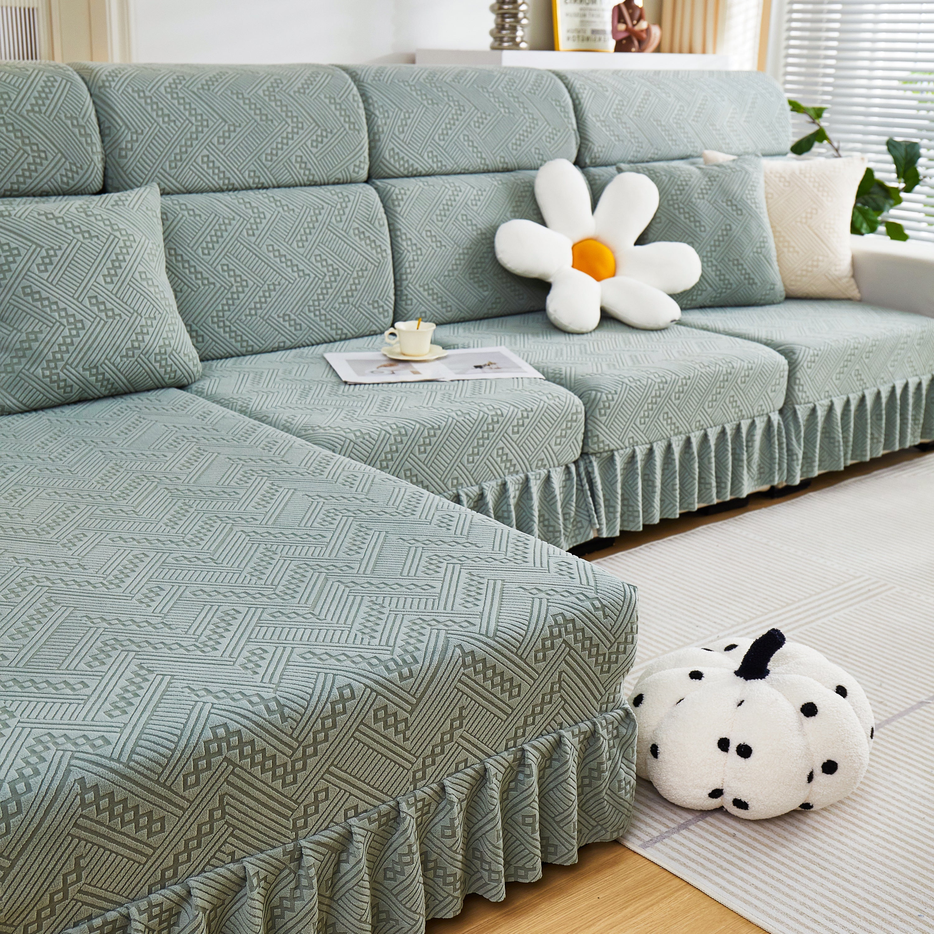 Stretchable Chaise Lounge Sofa Covers and Couch Seat Covers with Skirt for Sectional Couches