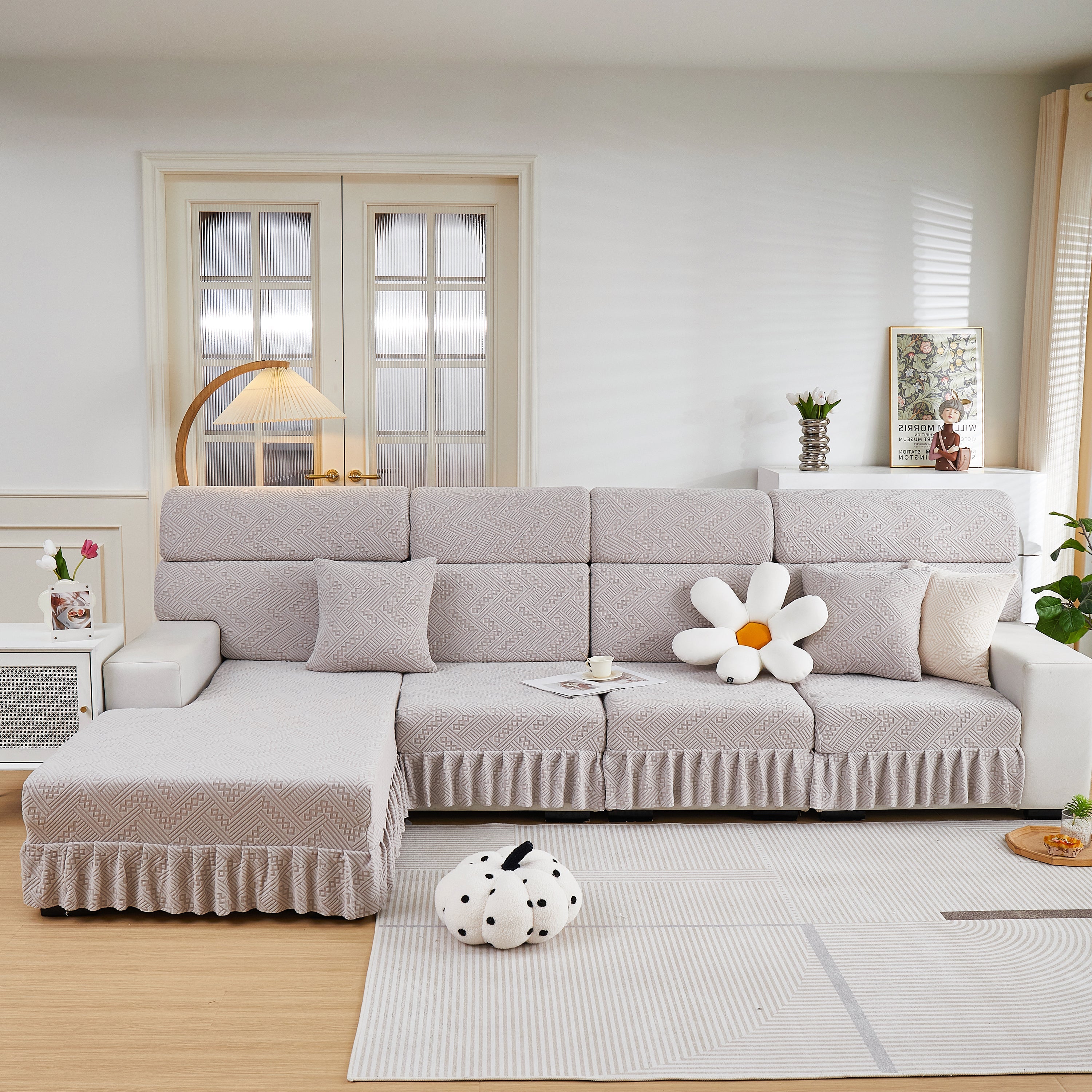 Stretchable Chaise Lounge Sofa Covers and Couch Seat Covers with Skirt for Sectional Couches