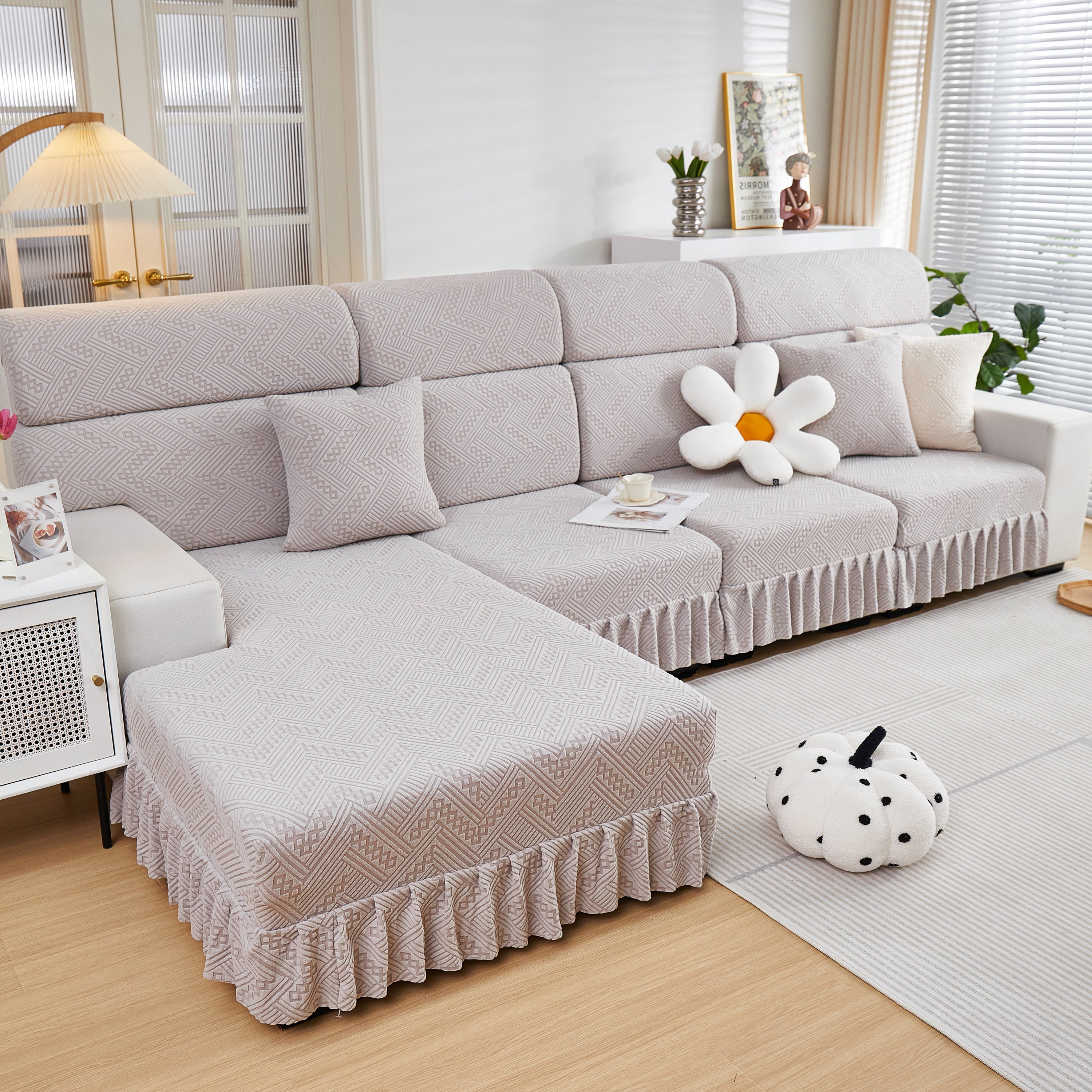 Stretchable Chaise Lounge Sofa Covers and Couch Seat Covers with Skirt for Sectional Couches