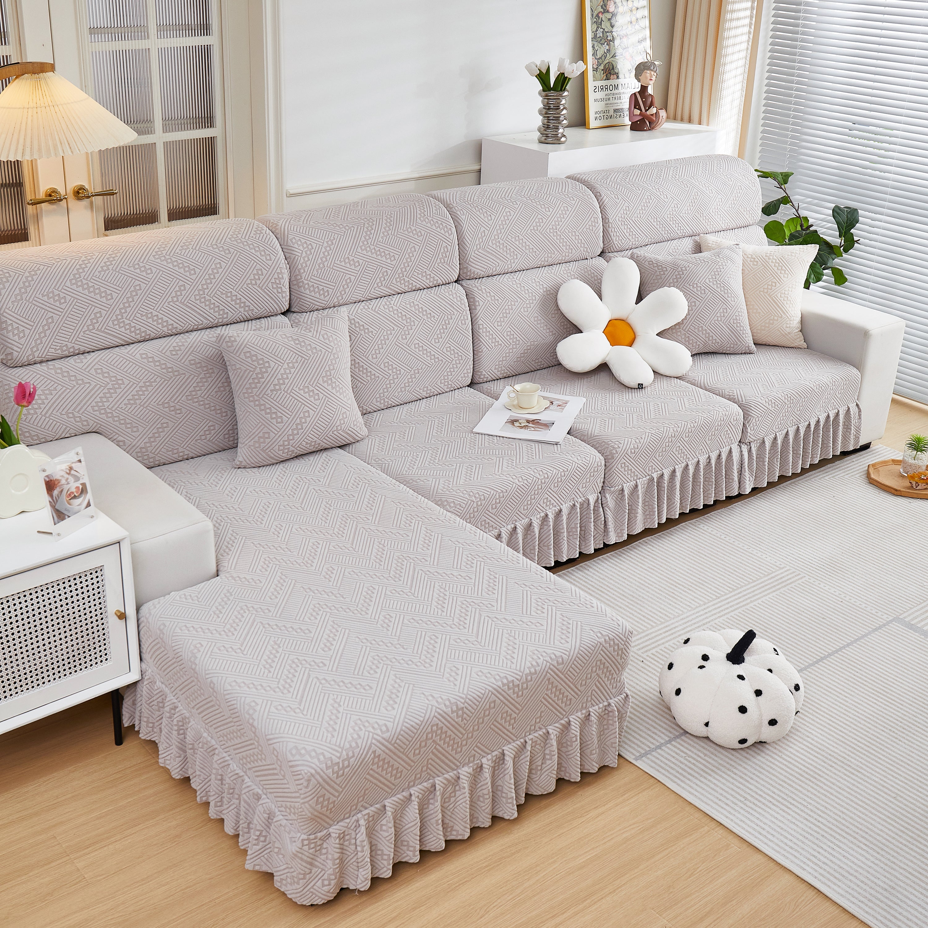 Stretchable Chaise Lounge Sofa Covers and Couch Seat Covers with Skirt for Sectional Couches