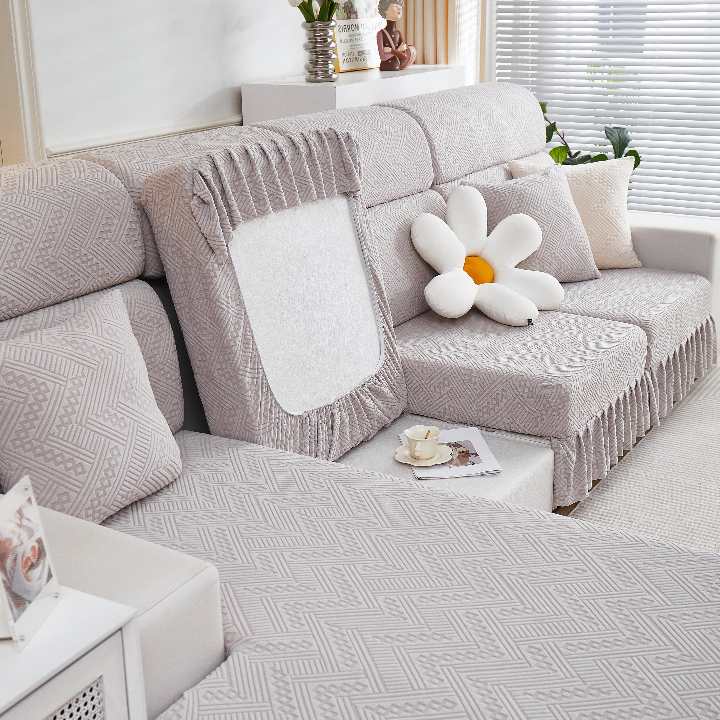 Stretchable Chaise Lounge Sofa Covers and Couch Seat Covers with Skirt for Sectional Couches