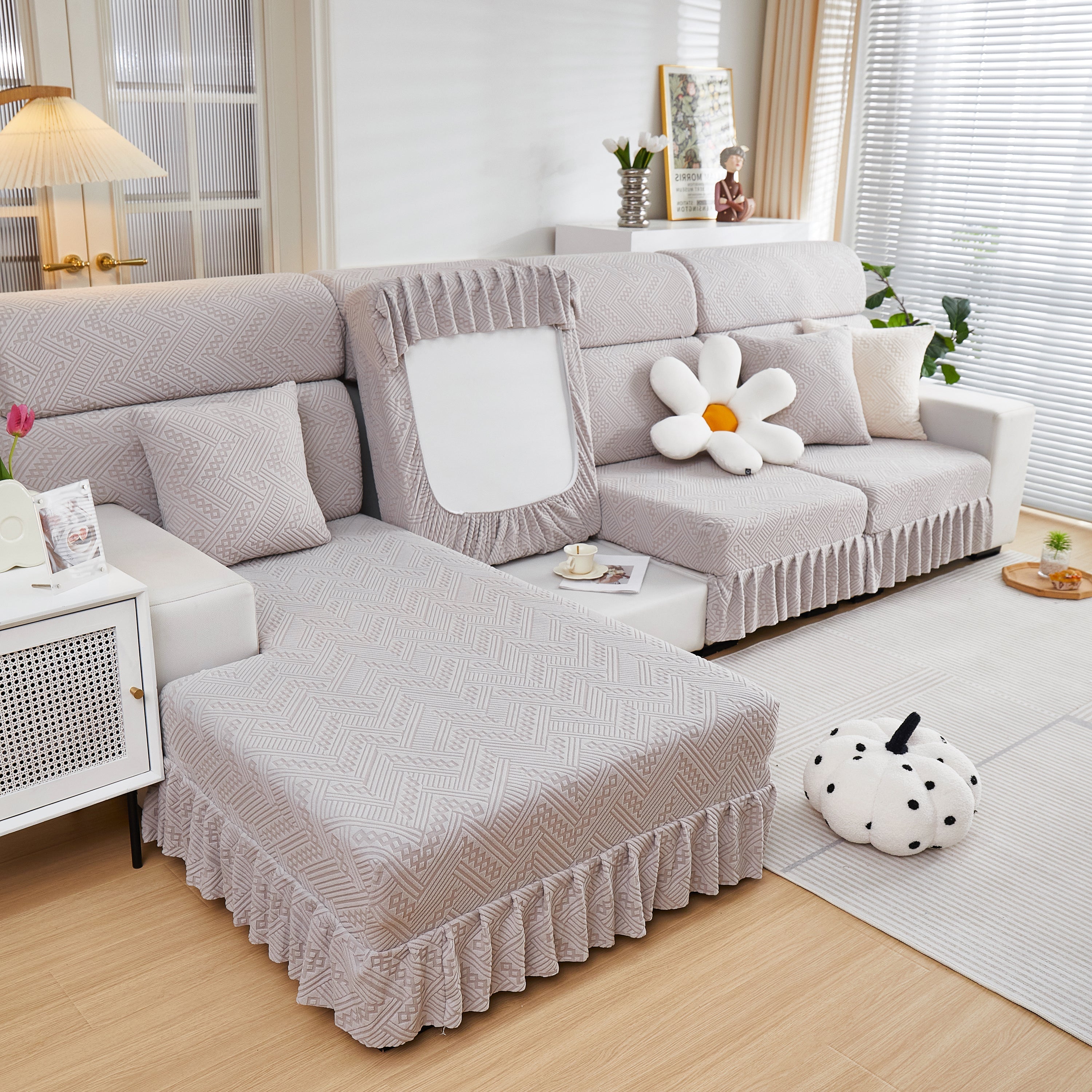 Stretchable Chaise Lounge Sofa Covers and Couch Seat Covers with Skirt for Sectional Couches
