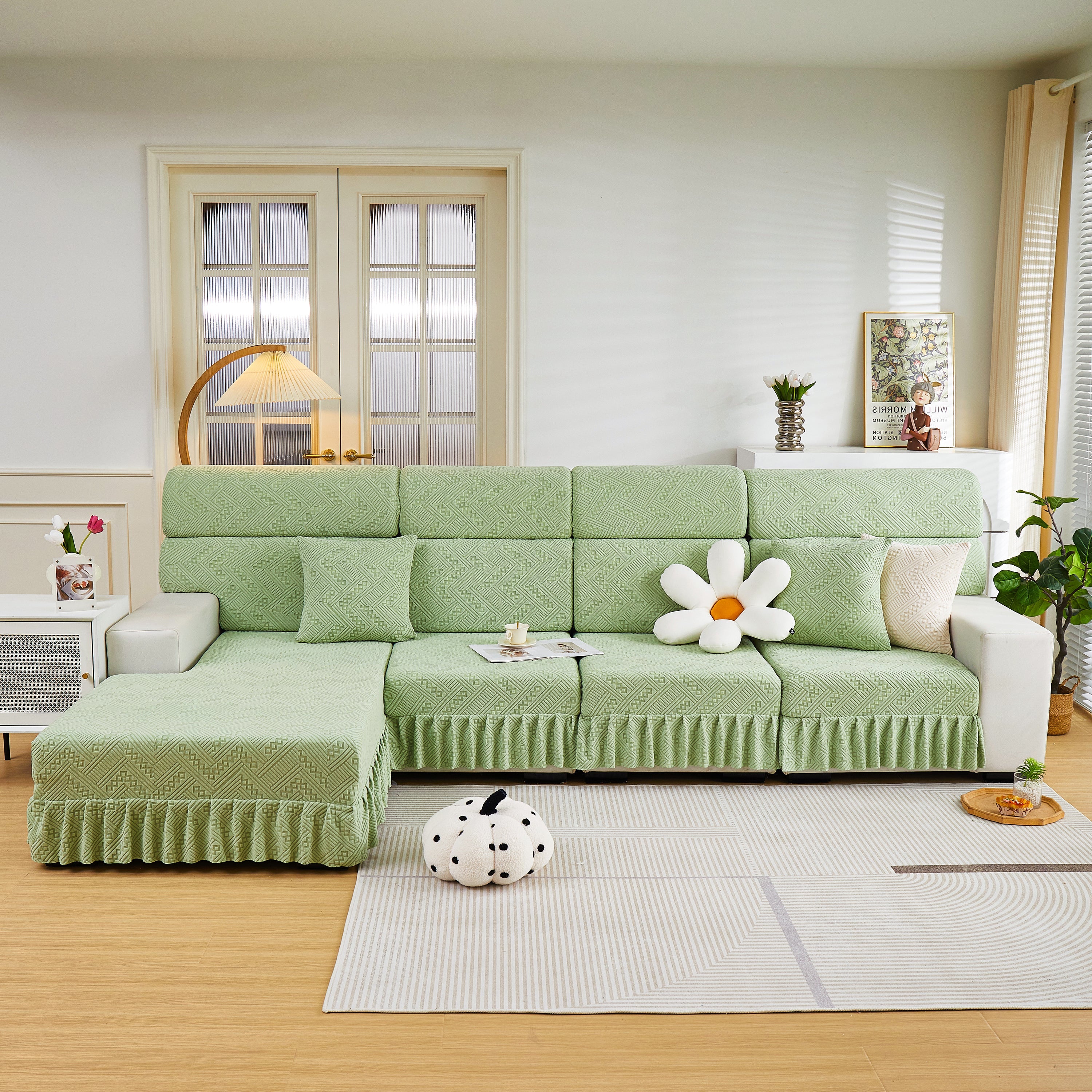 Stretchable Chaise Lounge Sofa Covers and Couch Seat Covers with Skirt for Sectional Couches