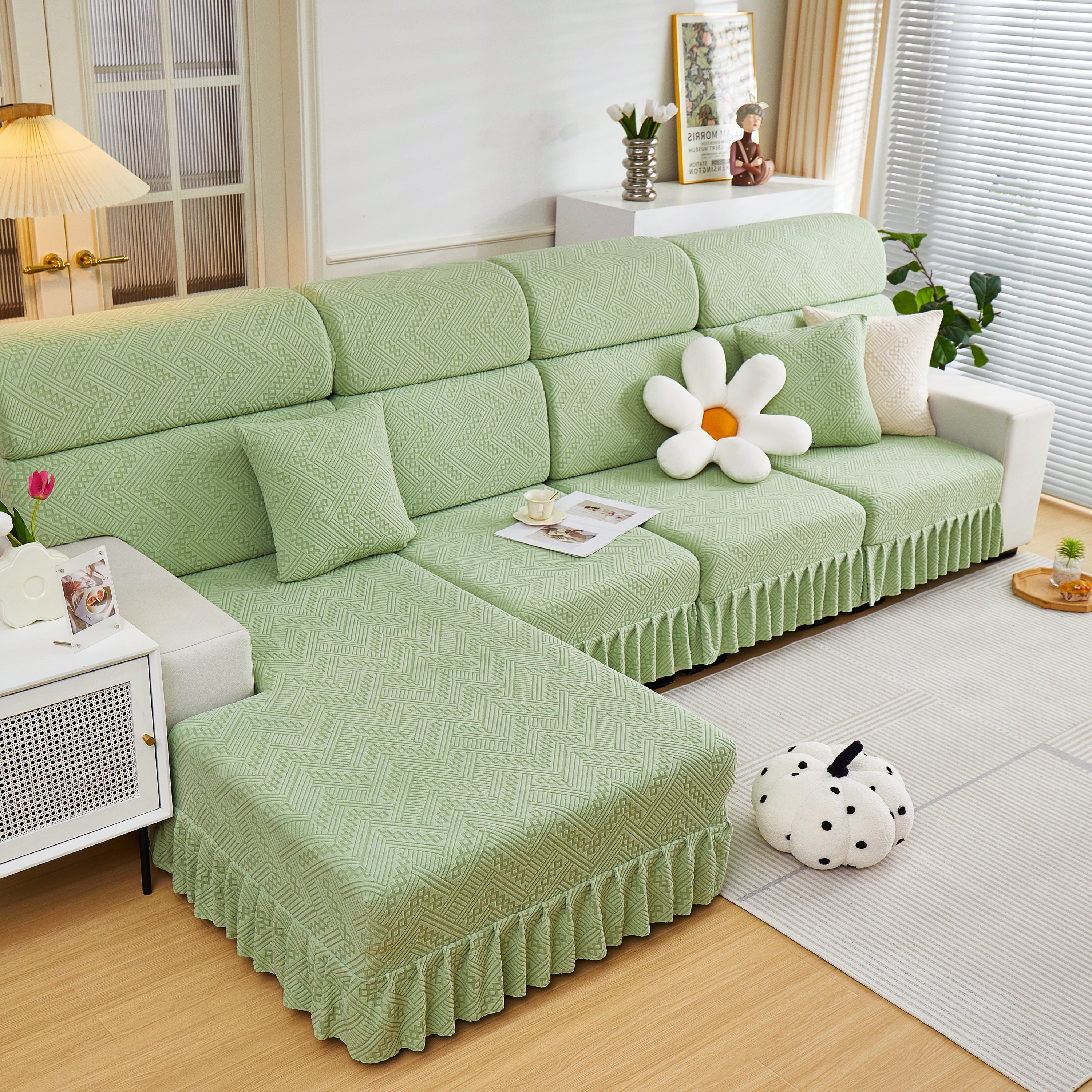 Stretchable Chaise Lounge Sofa Covers and Couch Seat Covers with Skirt for Sectional Couches