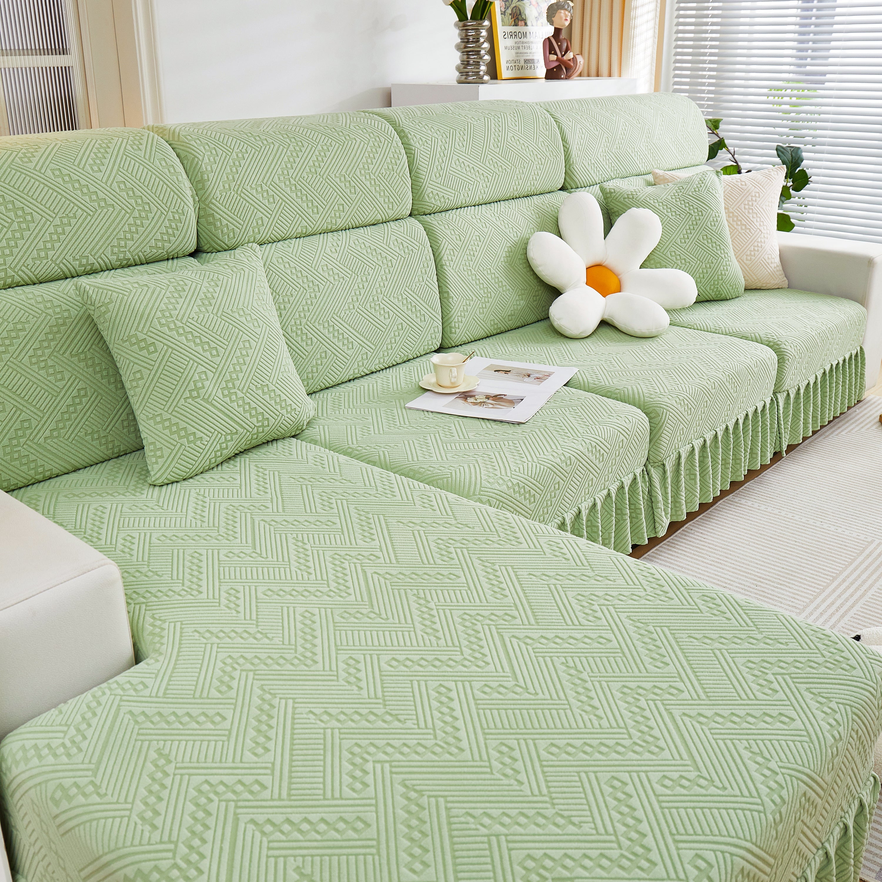 Stretchable Chaise Lounge Sofa Covers and Couch Seat Covers with Skirt for Sectional Couches