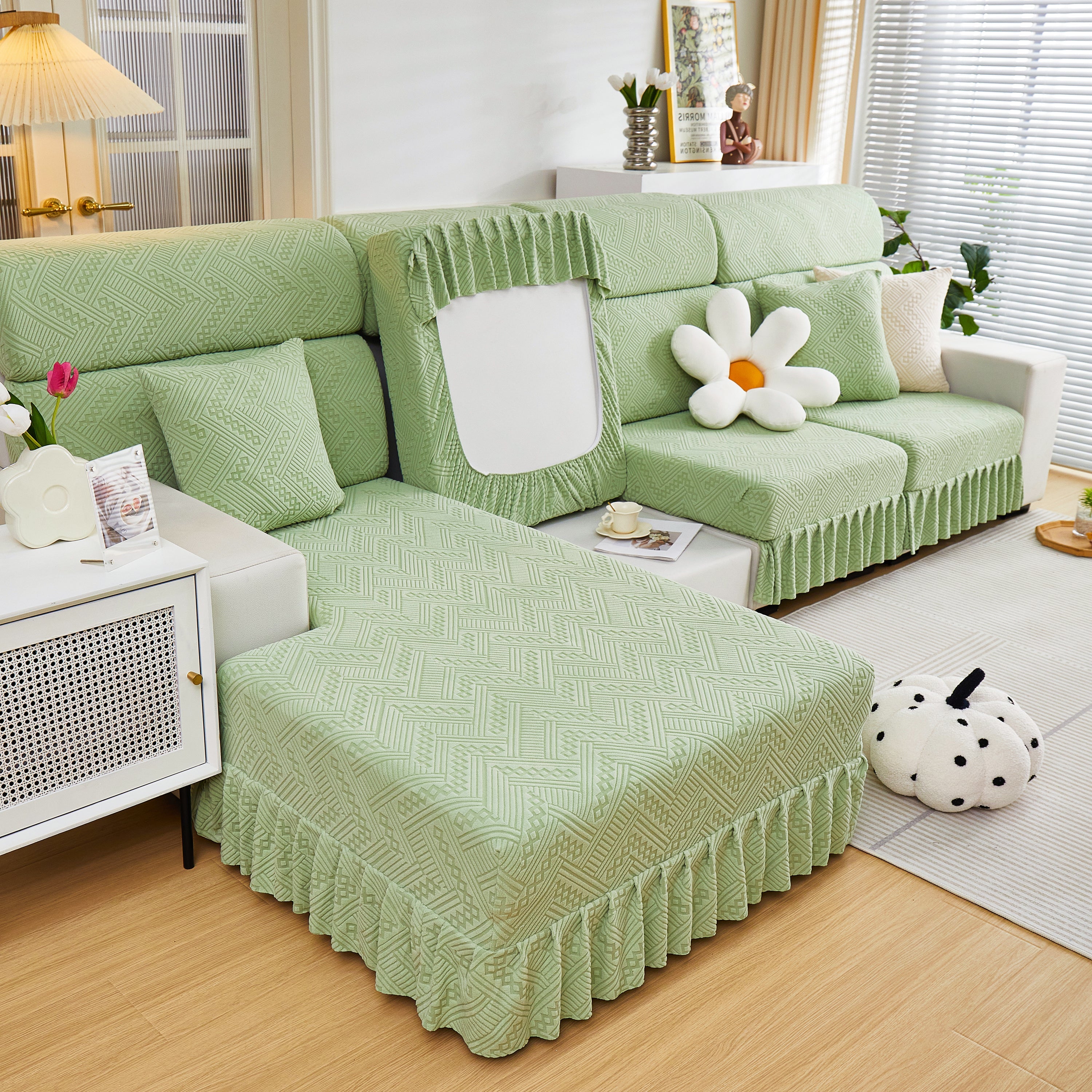 Stretchable Chaise Lounge Sofa Covers and Couch Seat Covers with Skirt for Sectional Couches