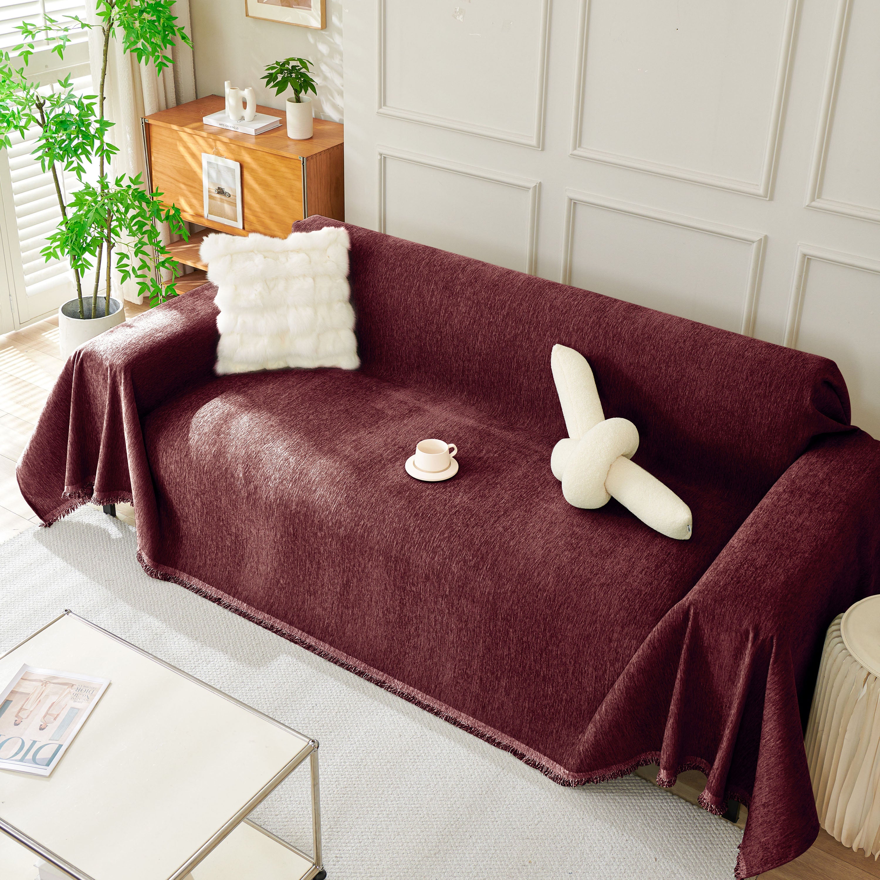 Solid Color Chenille Sofa Throw Blanket, Soft & Plush Decorative Couch Throw Cover