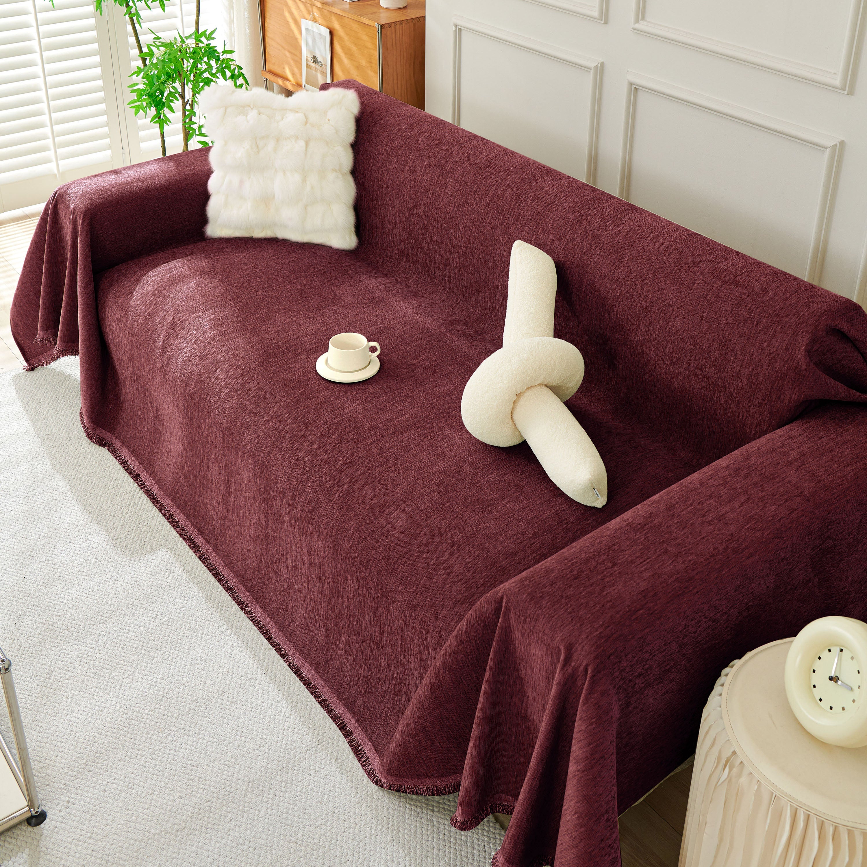 Solid Color Chenille Sofa Throw Blanket, Soft & Plush Decorative Couch Throw Cover