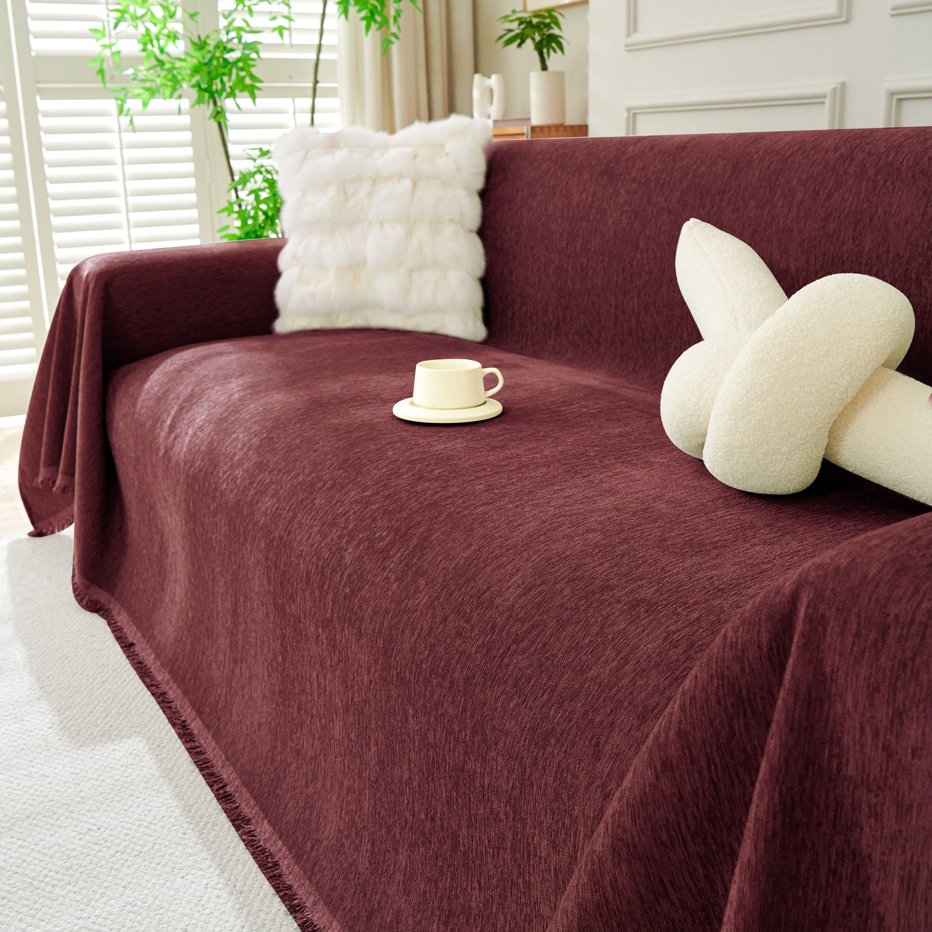 Solid Color Chenille Sofa Throw Blanket, Soft & Plush Decorative Couch Throw Cover