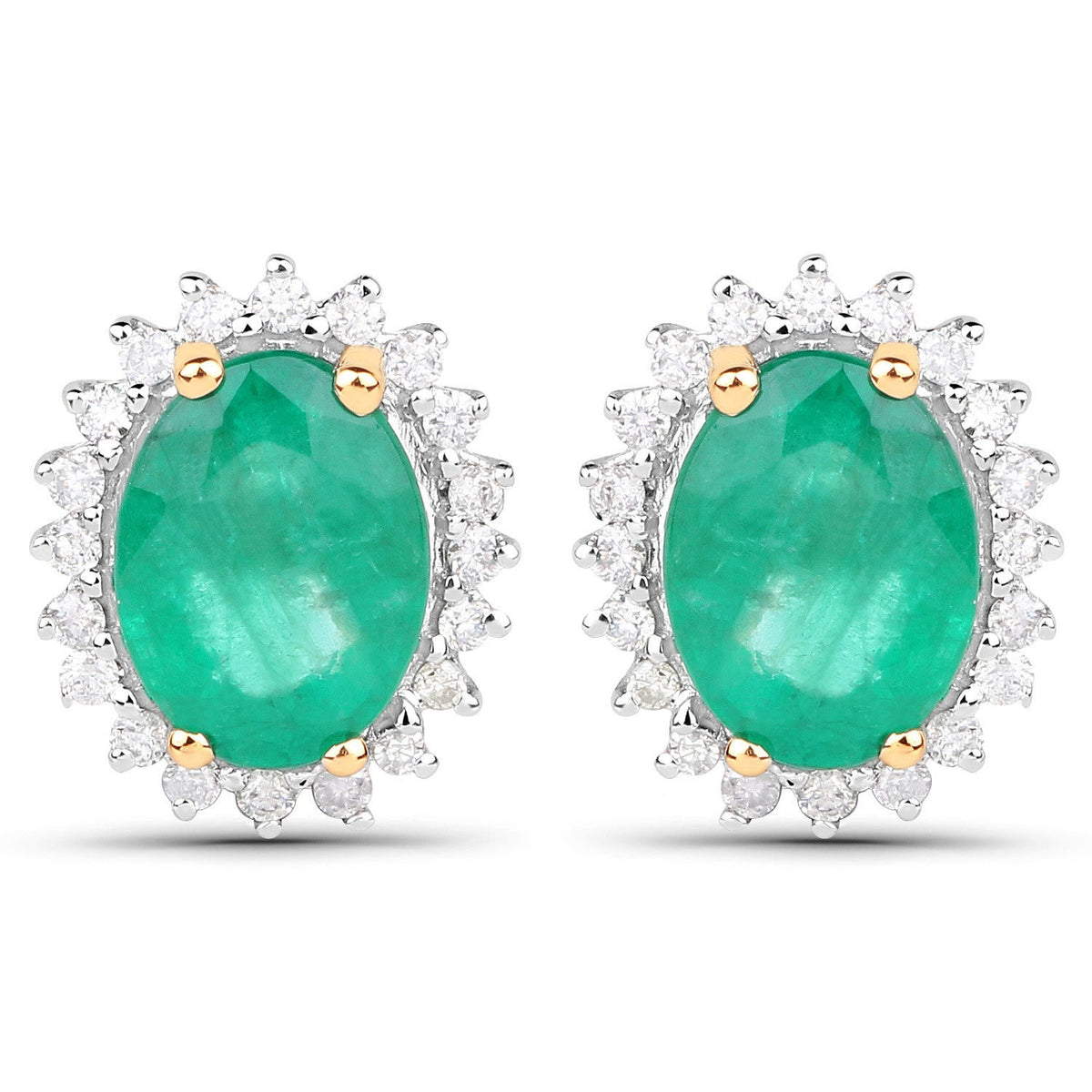 2.66 Carat Genuine Zambian Emerald and White Diamond 14K Yellow Gold Earrings
