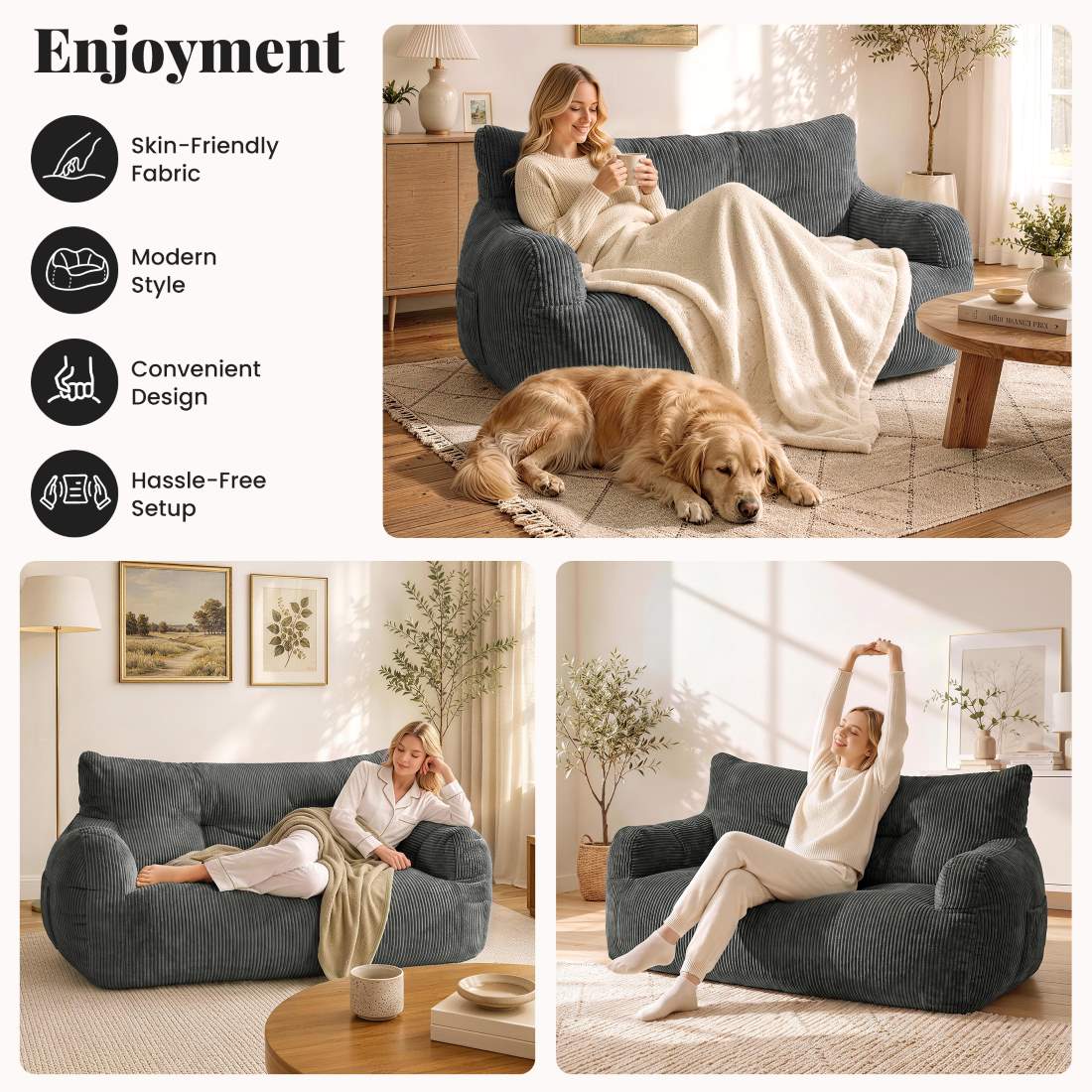 Pamapic 2-Person Bean Bag Sofa, 59"-61" Small-Space Loveseat