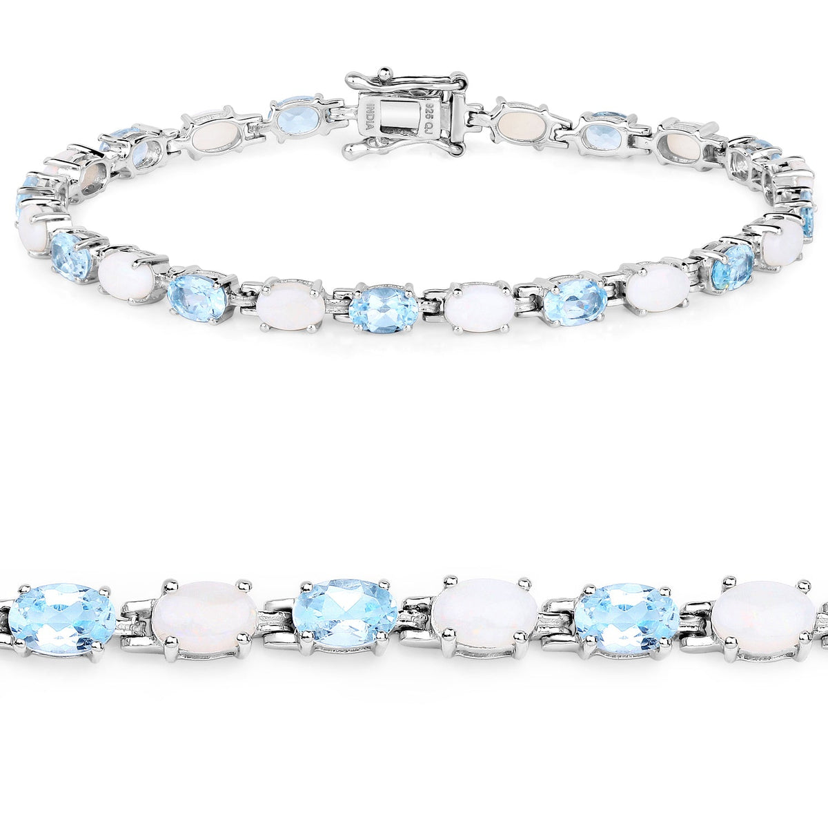 9.02 Carat Genuine Blue Topaz and Opal .925 Sterling Silver Bracelet