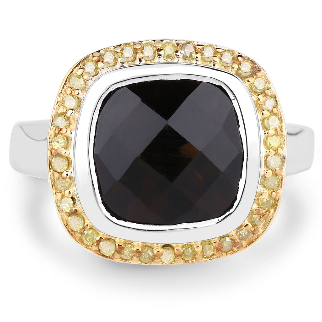 3.67 Carat Genuine Smoky Quartz and Yellow Diamond .925 Sterling Silver Ring