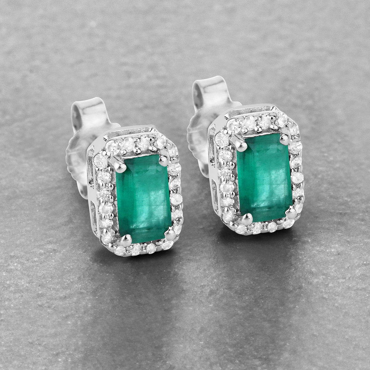 0.91 Carat Genuine Zambian Emerald and White Diamond 14K White Gold Earrings