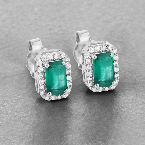 0.91 Carat Genuine Zambian Emerald and White Diamond 14K White Gold Earrings