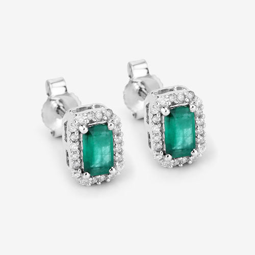 0.91 Carat Genuine Zambian Emerald and White Diamond 14K White Gold Earrings