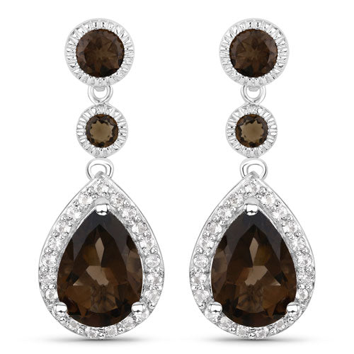 7.34 Carat Genuine Smoky Quartz and White Topaz .925 Sterling Silver Earrings