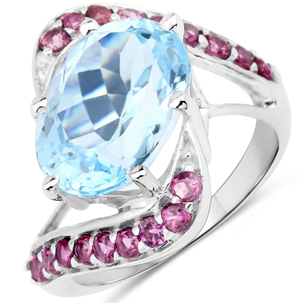 8.40 Carat Genuine Blue Topaz and Rhodolite .925 Sterling Silver Ring