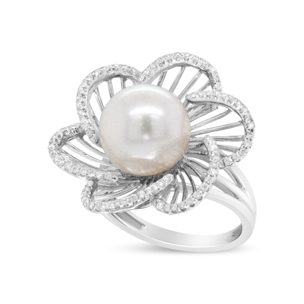 14K White Gold 11mm Round Pearl and 1/3 Cttw Round Diamond Openwork Flower Blossom Ring (H-I Color, VS1-VS2 Clarity) - Size 6.50