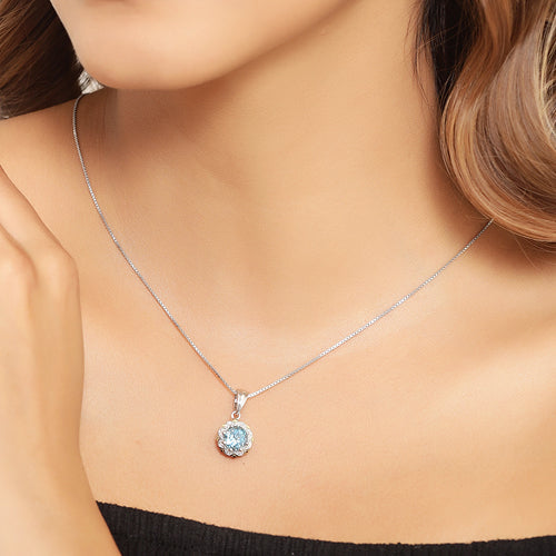 2.32 Carat Genuine Swiss Blue Topaz and White Diamond 14K Yellow Gold with .925 Sterling Silver Pendant