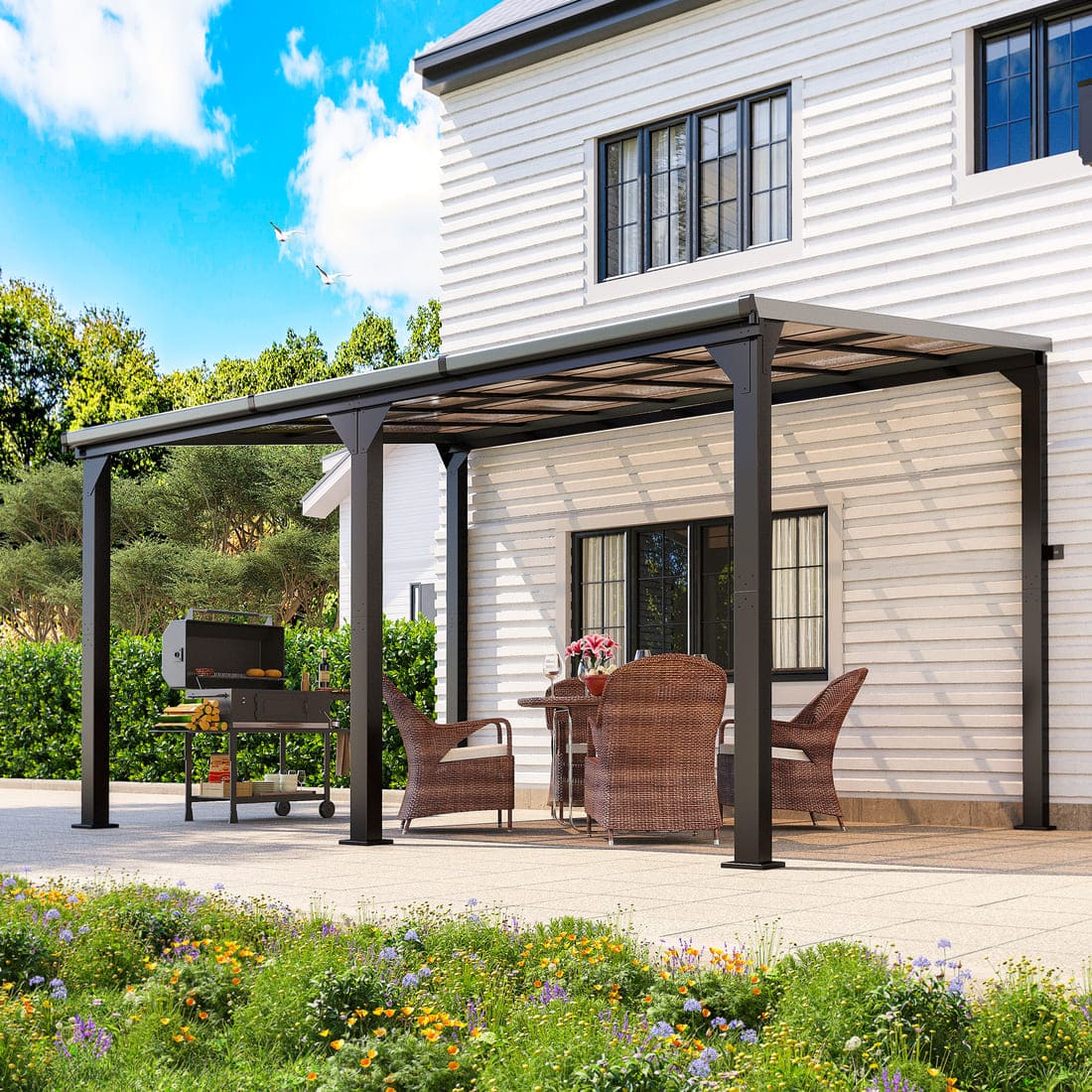 Pamapic Hardtop Lean to Gazebo with Polycarbonate Roof for patio, Deck