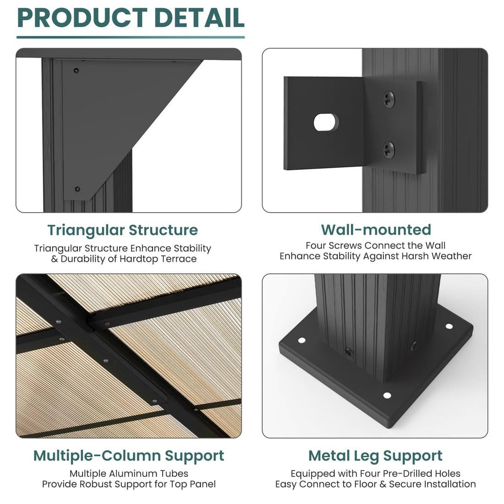 Pamapic Hardtop Lean to Gazebo with Polycarbonate Roof for patio, Deck