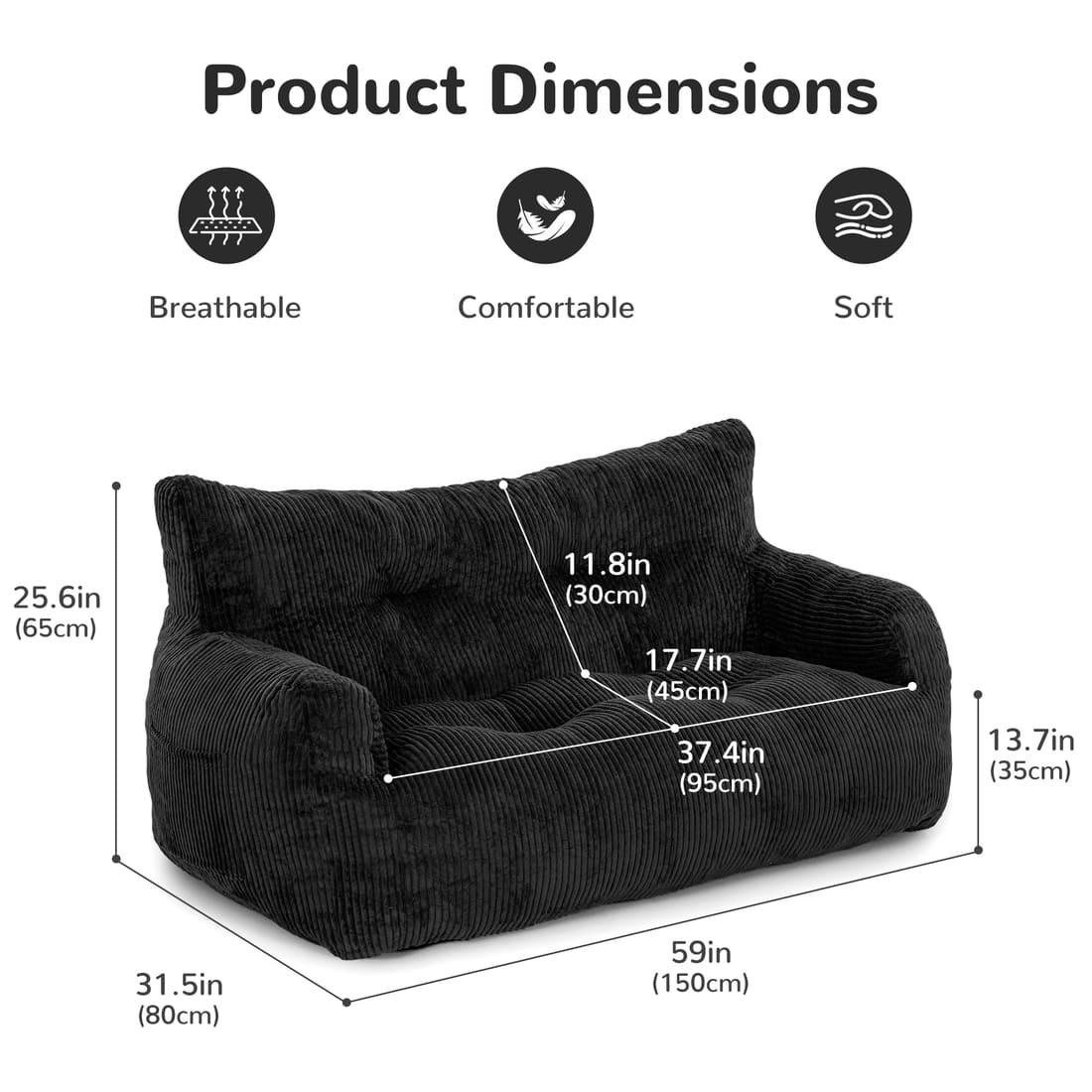 Pamapic 2-Seat Structured Big Bean Bag Chairs for Adult