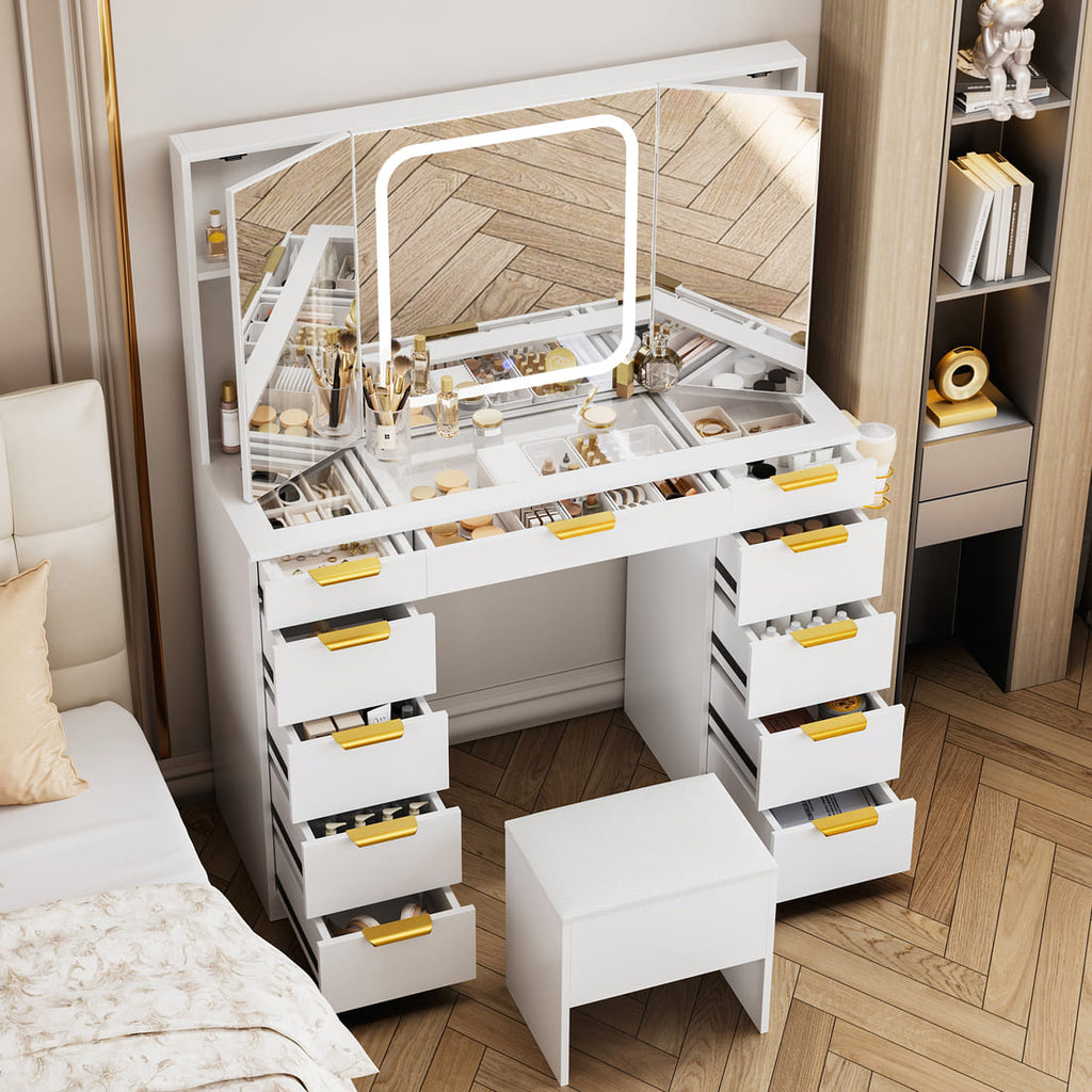Pamapic Makeup Vanity with Tri-Fold Mirror & 11 Drawers