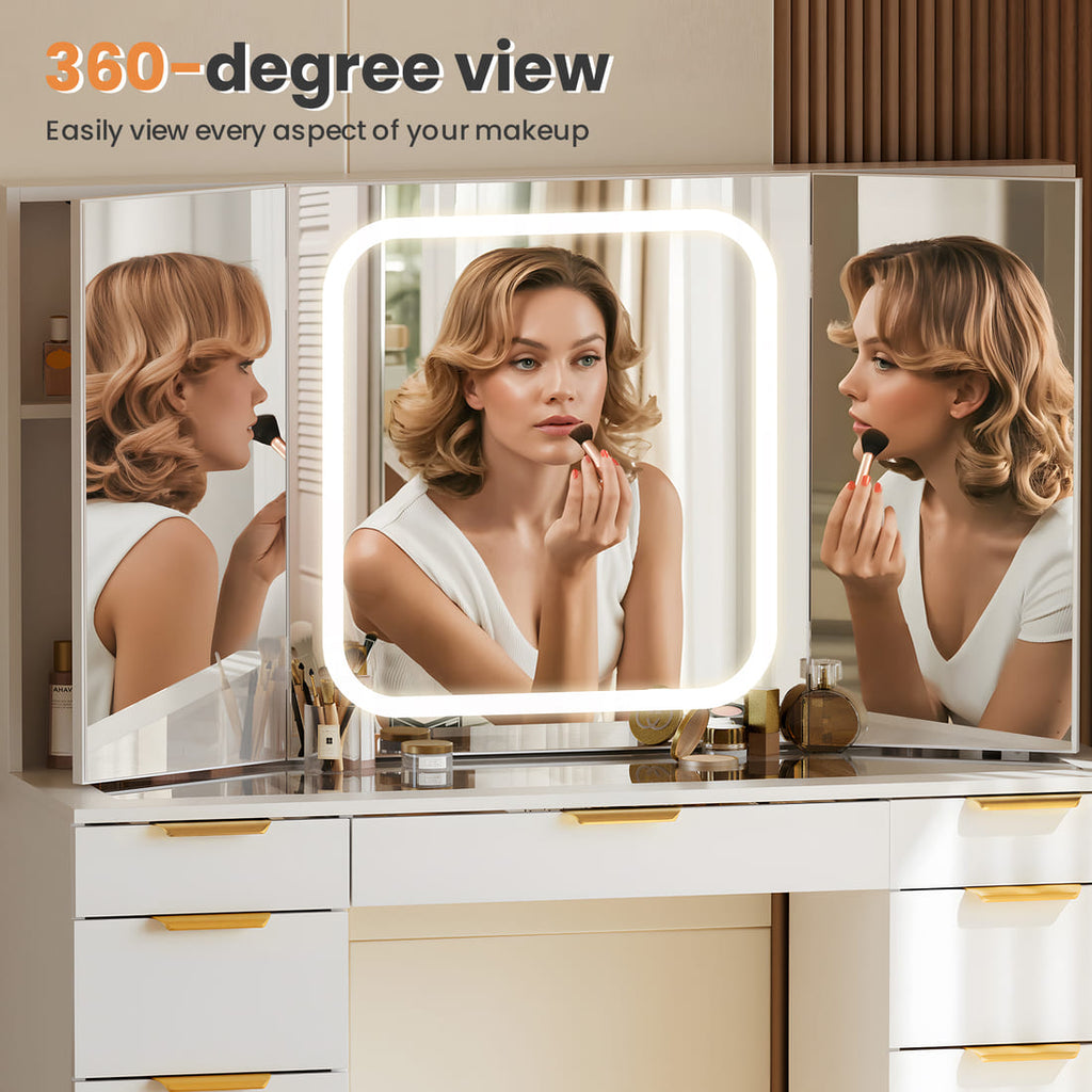 Pamapic 11 Drawers Vanity Desk with Mirror & Glass Top, White
