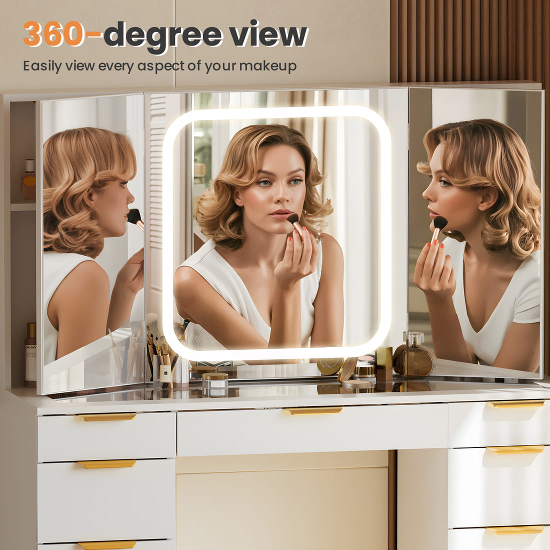 Pamapic 11 Drawers Vanity Desk with Mirror & Glass Top, White