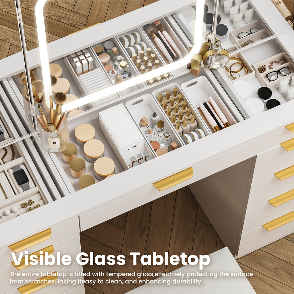 Pamapic 11 Drawers Vanity Desk with Mirror & Glass Top, White