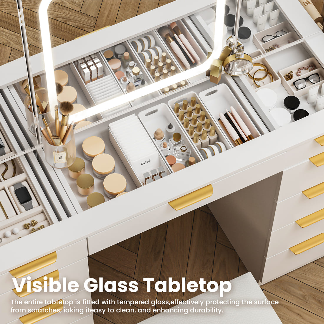 Pamapic 11 Drawers Vanity Desk with Mirror & Glass Top, White