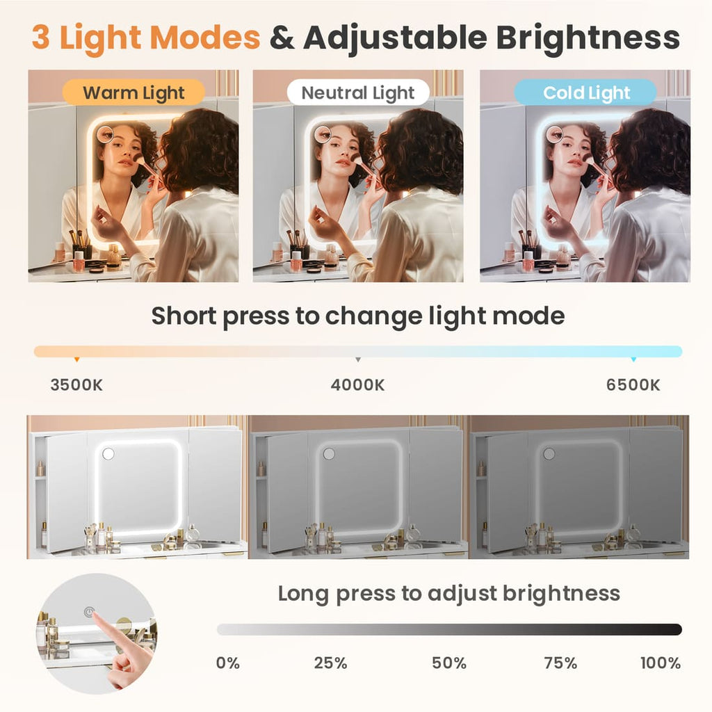 Pamapic 11 Drawers Vanity Desk with Mirror & Glass Top, White