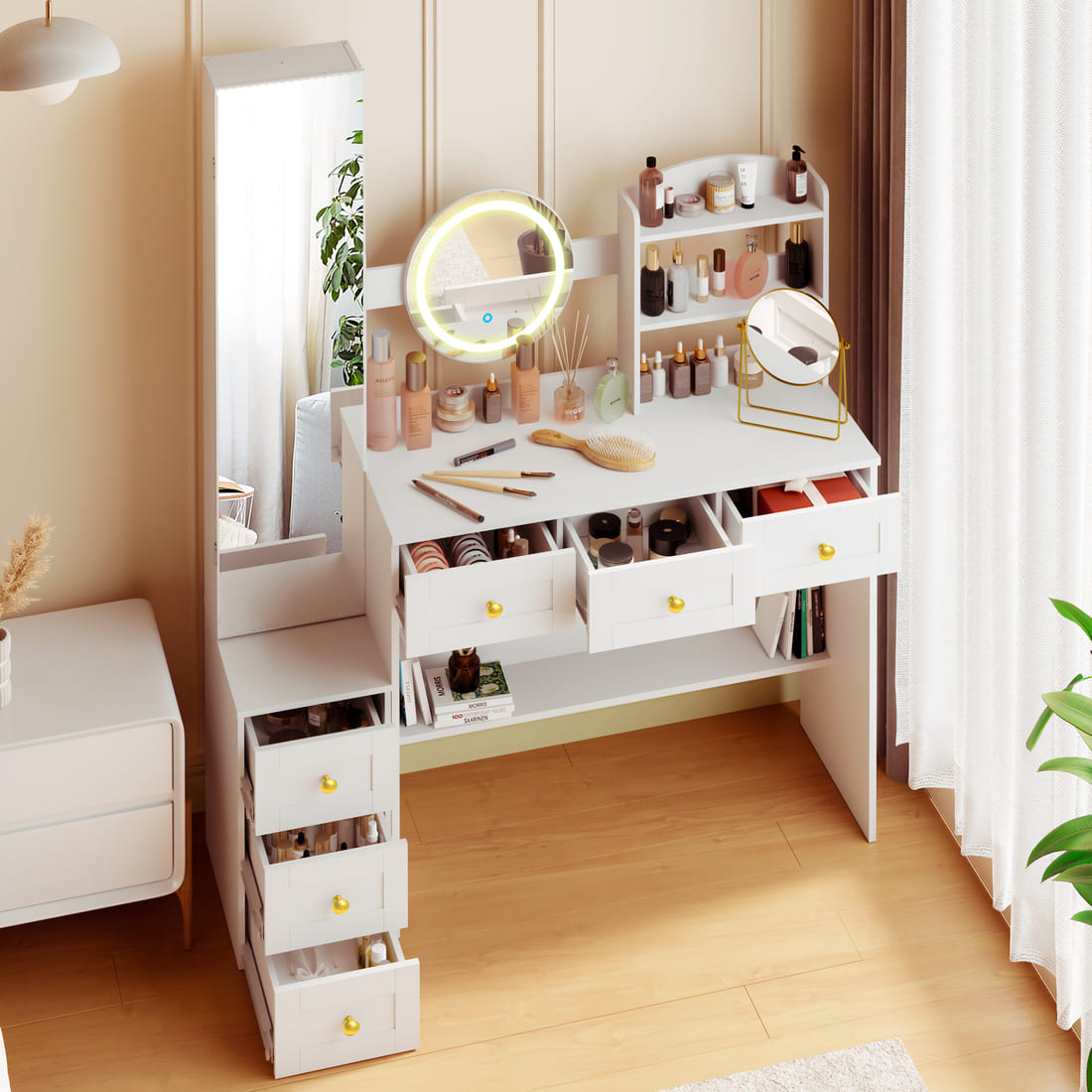 Pamapic Makeup Vanity Desk with Full-Length Mirror, 6 Drawers & LED Lights