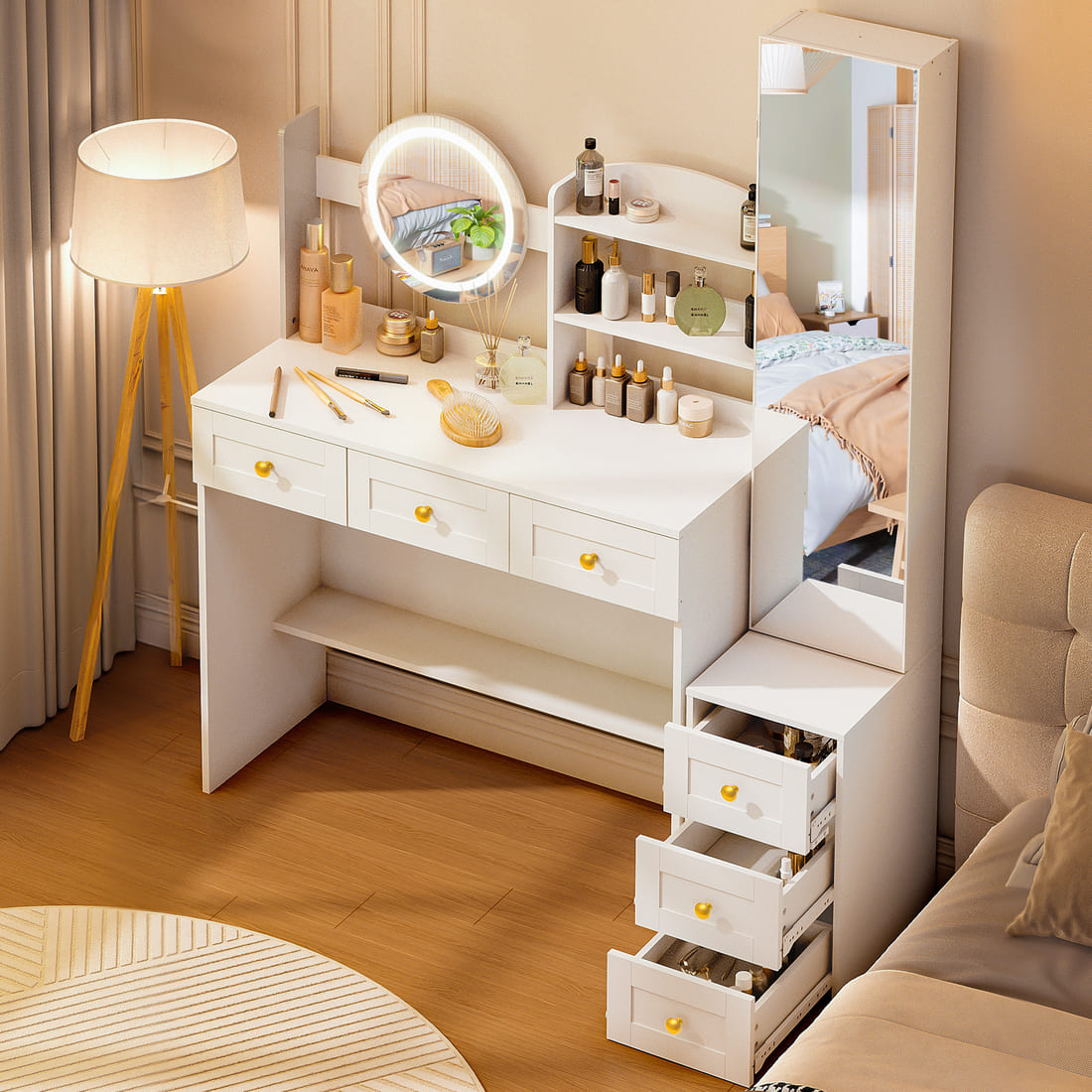 Pamapic Makeup Vanity Desk with Full-Length Mirror, 6 Drawers & LED Lights