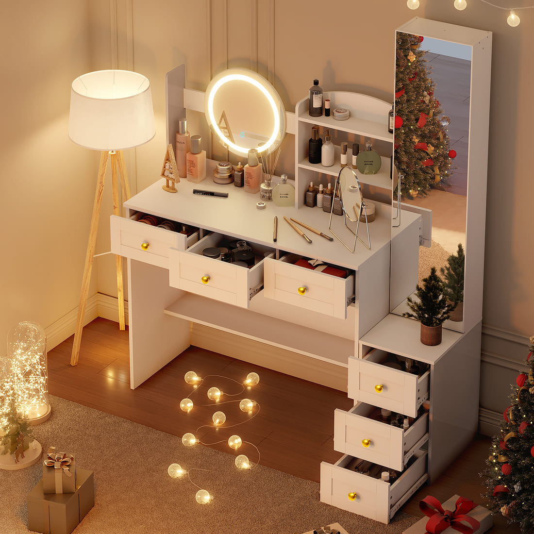 Pamapic Makeup Vanity Desk with Full-Length Mirror, 6 Drawers & LED Lights
