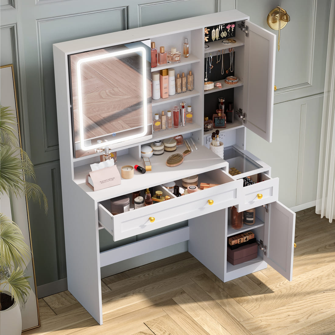 Pamapic 43" Wide Vanity Makeup Desk with Sliding Lighted Mirror & 3 Drawers