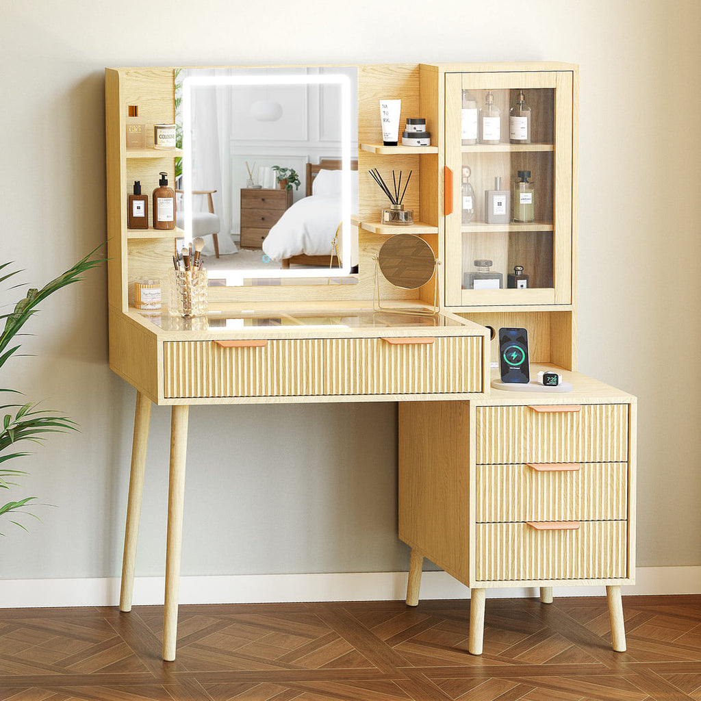 Pamapic Girls Vanity Desk with Mirror & 5 Drawers, Natural Oak