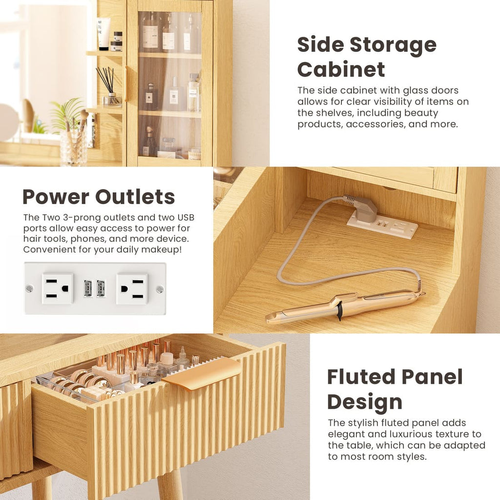 Pamapic Girls Vanity Desk with Mirror & 5 Drawers, Natural Oak