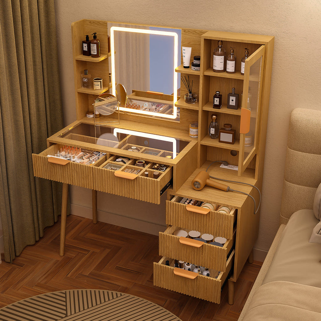 Pamapic Girls Vanity Desk with Mirror & 5 Drawers, Natural Oak