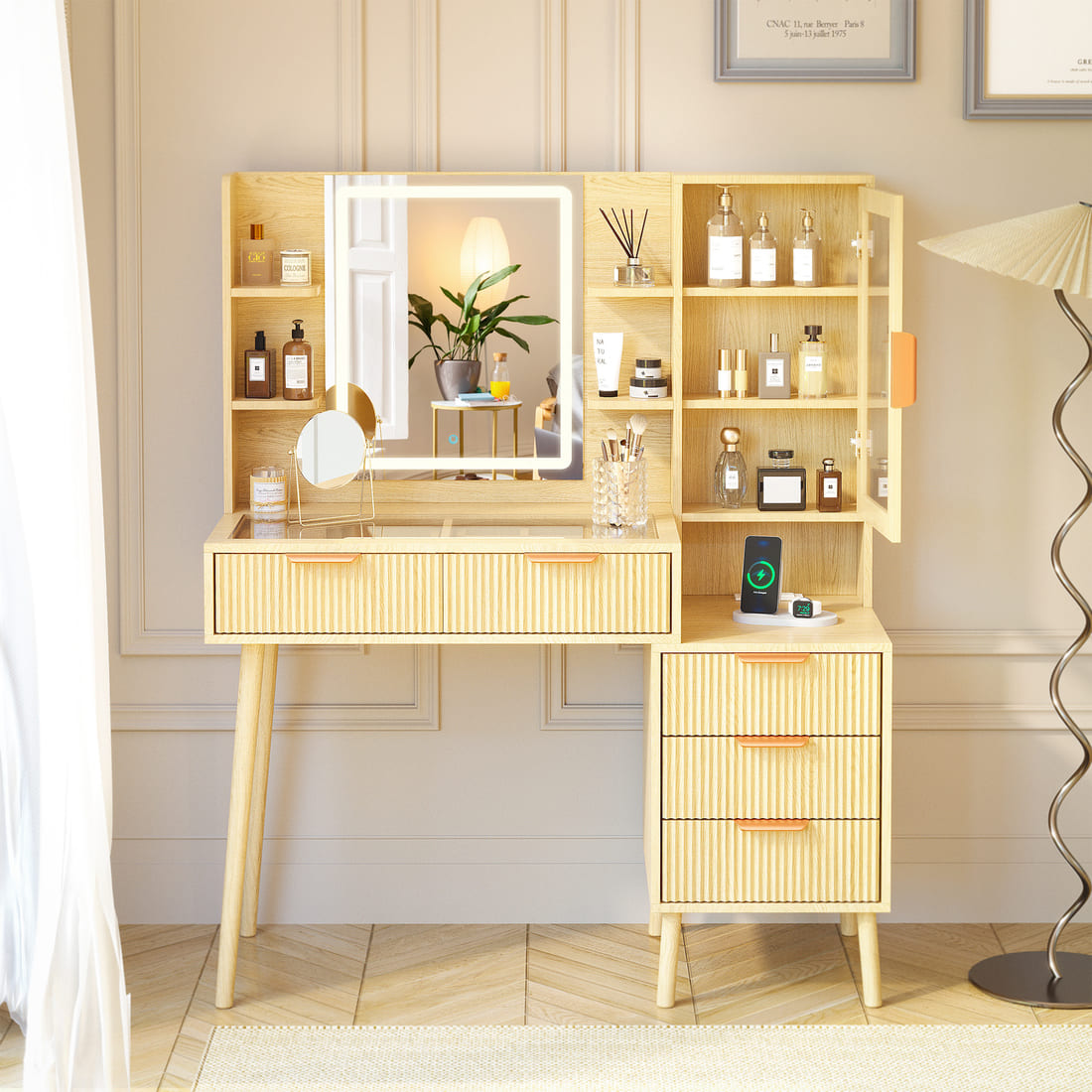 Pamapic Girls Vanity Desk with Mirror & 5 Drawers, Natural Oak