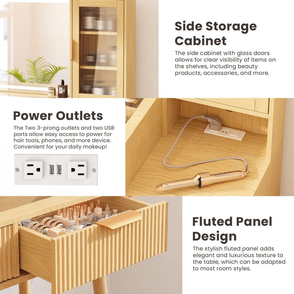 Pamapic Girls Vanity Desk with Mirror & 5 Drawers, Natural Oak