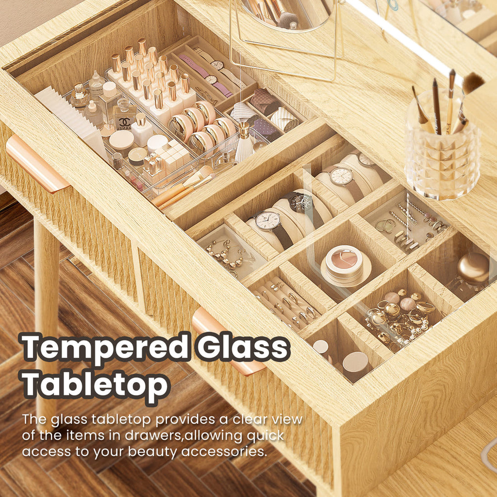 Pamapic Girls Vanity Desk with Mirror & 5 Drawers, Natural Oak