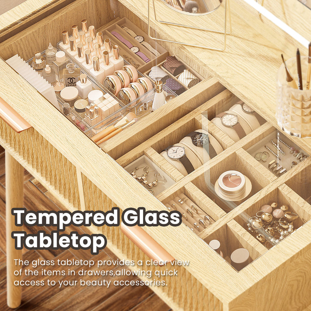 Pamapic Girls Vanity Desk with Mirror & 5 Drawers, Natural Oak